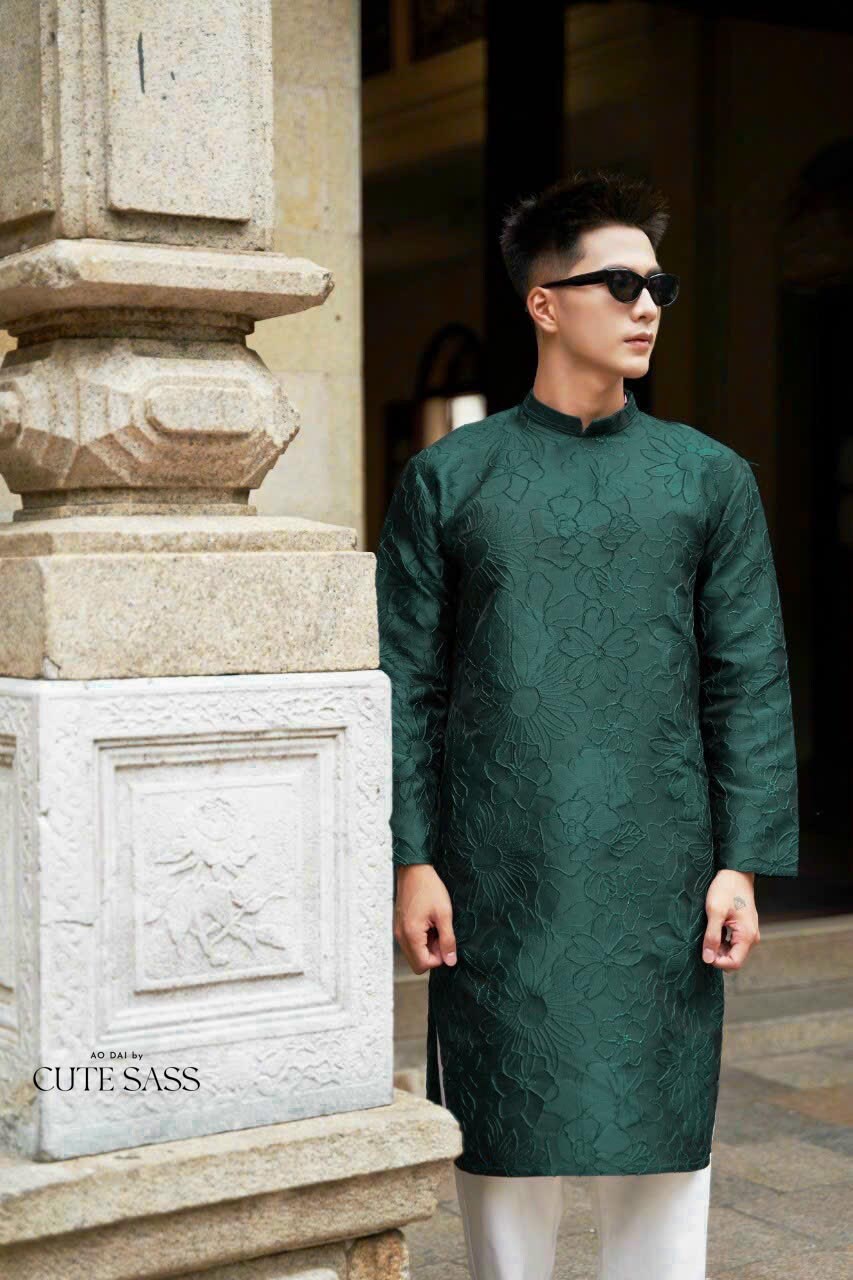 Men Dark Green 3D Gam Ao Dai Set| Pre-made Traditional Vietnamese Ao Dai| Lunar New Year | Ao Dai for Dad, Boy | Ao Dai Tet|