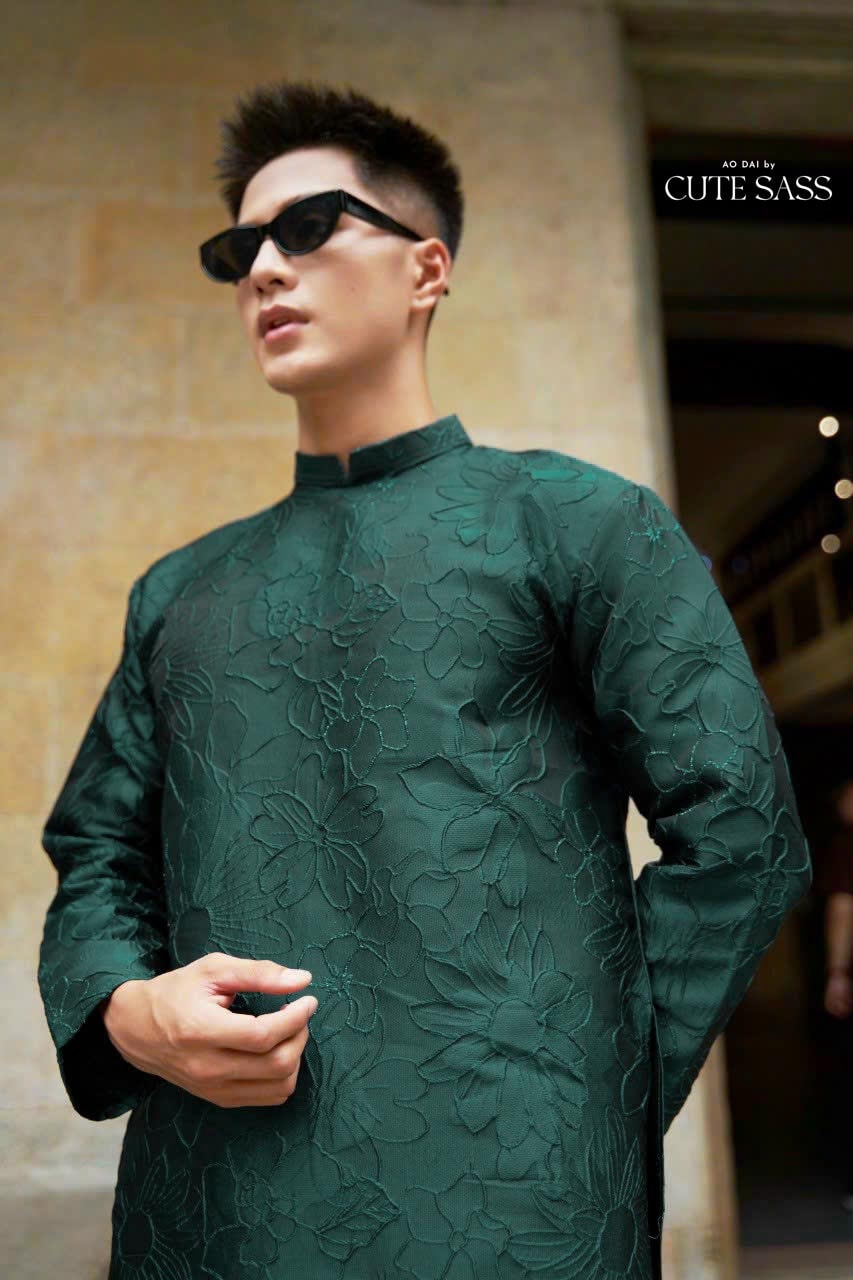 Men Dark Green 3D Gam Ao Dai Set| Pre-made Traditional Vietnamese Ao Dai| Lunar New Year | Ao Dai for Dad, Boy | Ao Dai Tet|