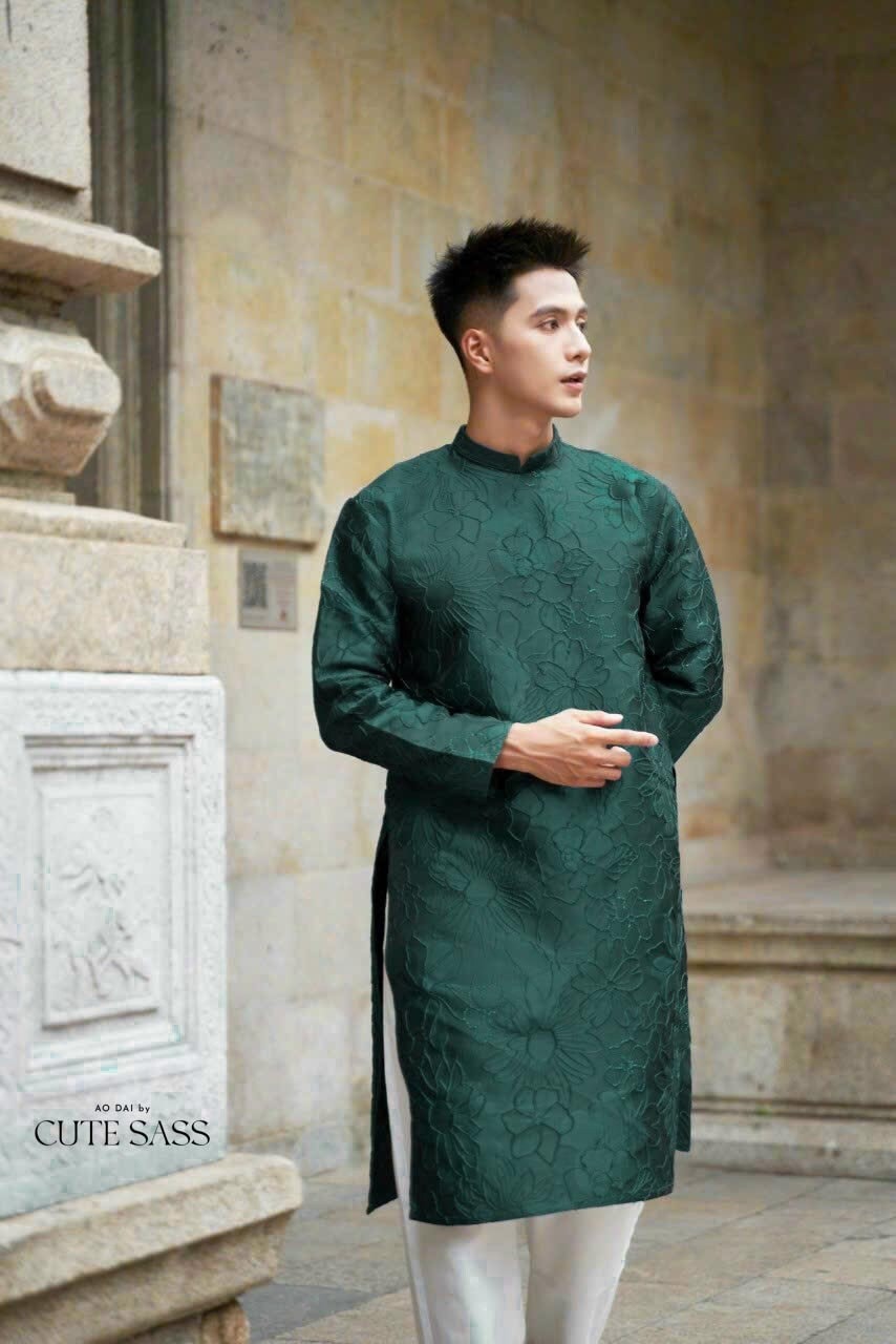 Men Dark Green 3D Gam Ao Dai Set| Pre-made Traditional Vietnamese Ao Dai| Lunar New Year | Ao Dai for Dad, Boy | Ao Dai Tet|