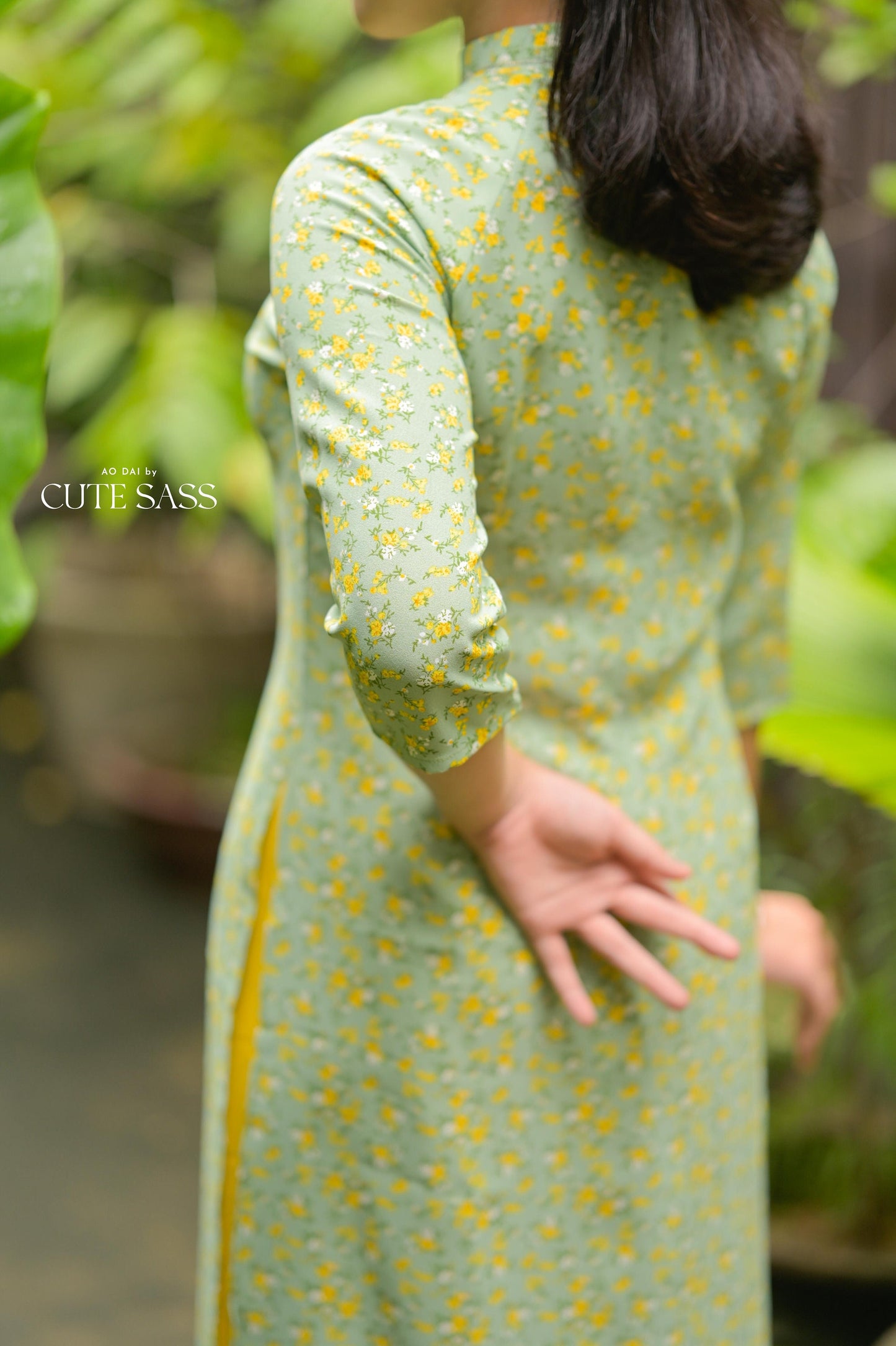 Cyan Hoa Ao Dai Set with Twisted Headband