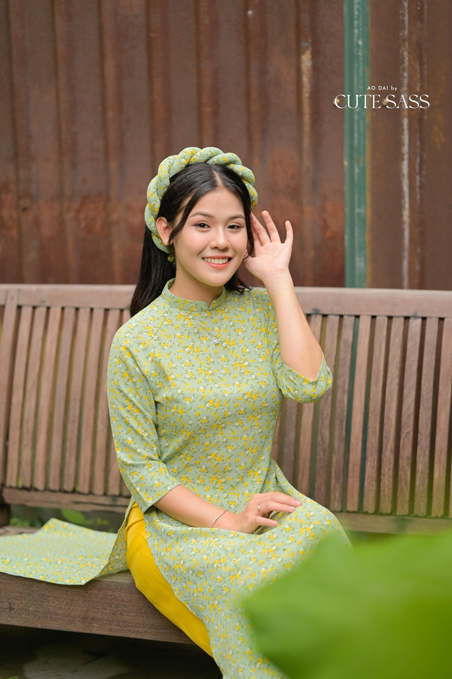 Cyan Hoa Ao Dai Set with Twisted Headband