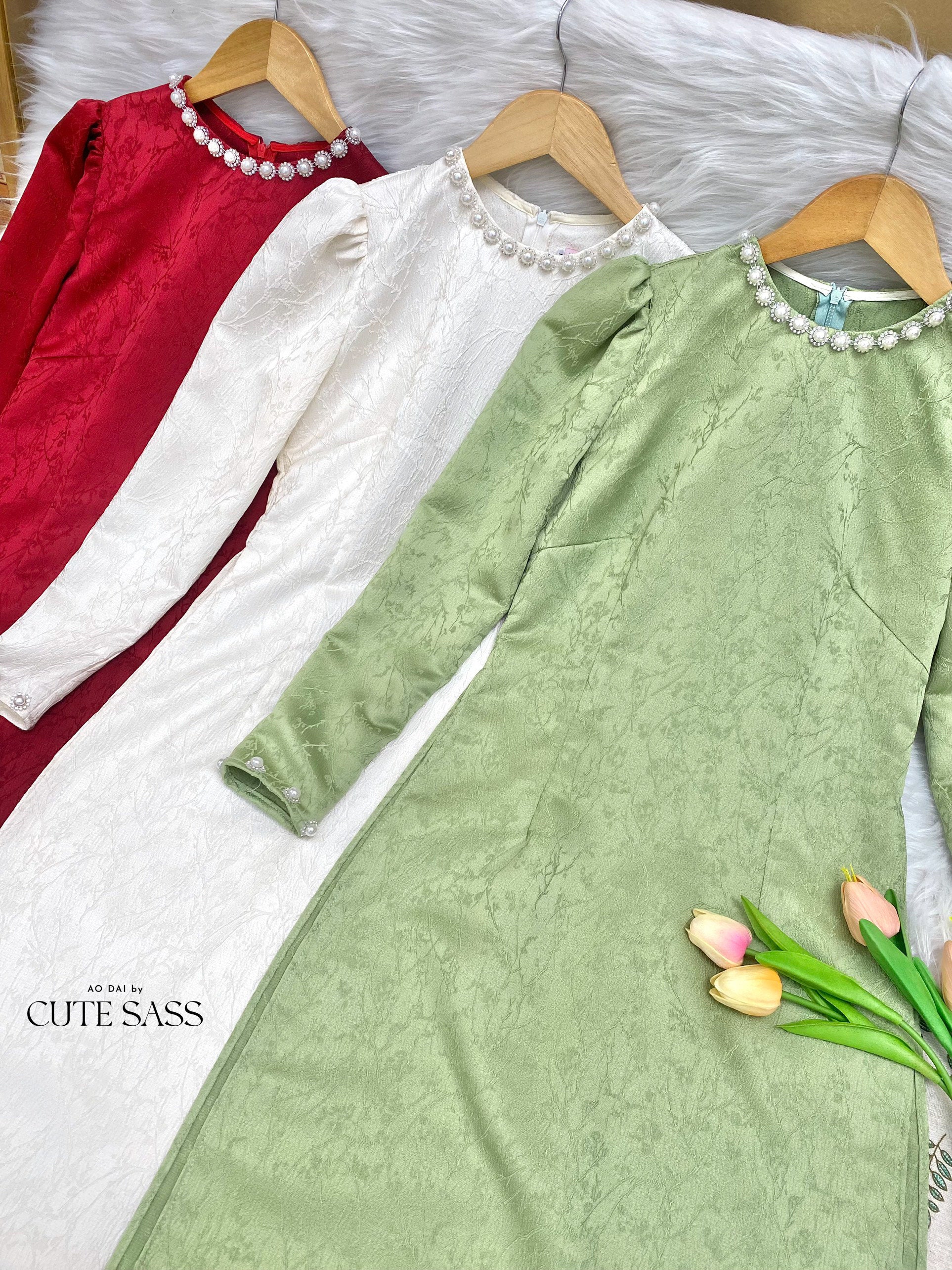 Pearl Silk Ao Dai Set (3 Colors) |Pre-made Modernized Vietnamese Ao Dai | Lunar New Year| Ao Dai Cach Tan With Pants| Ao Dai Truyen Thong|C4