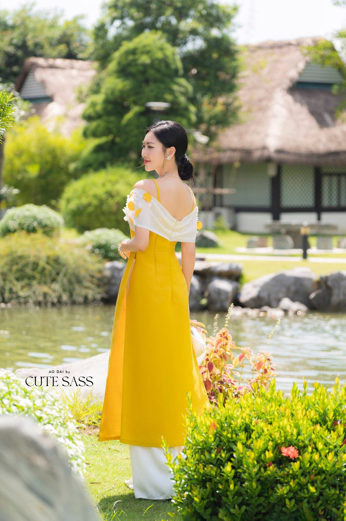 Yellow Off Shoulder Sparkle Ao Dai Set | Pre-made Modernized Vietnamese Ao Dai |Women Ao Dai with Pants | Lunar New Year| Ao Dai Cach Tan|B4