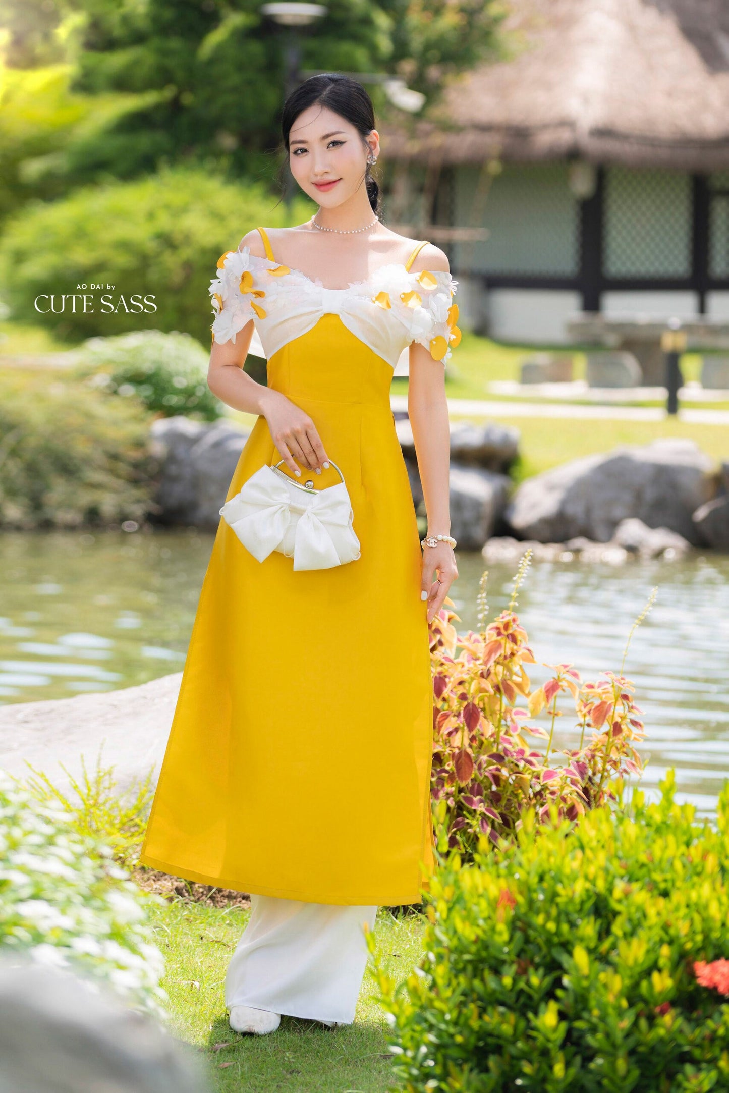 Yellow Off Shoulder Sparkle Ao Dai Set | Pre-made Modernized Vietnamese Ao Dai |Women Ao Dai with Pants | Lunar New Year| Ao Dai Cach Tan|B4