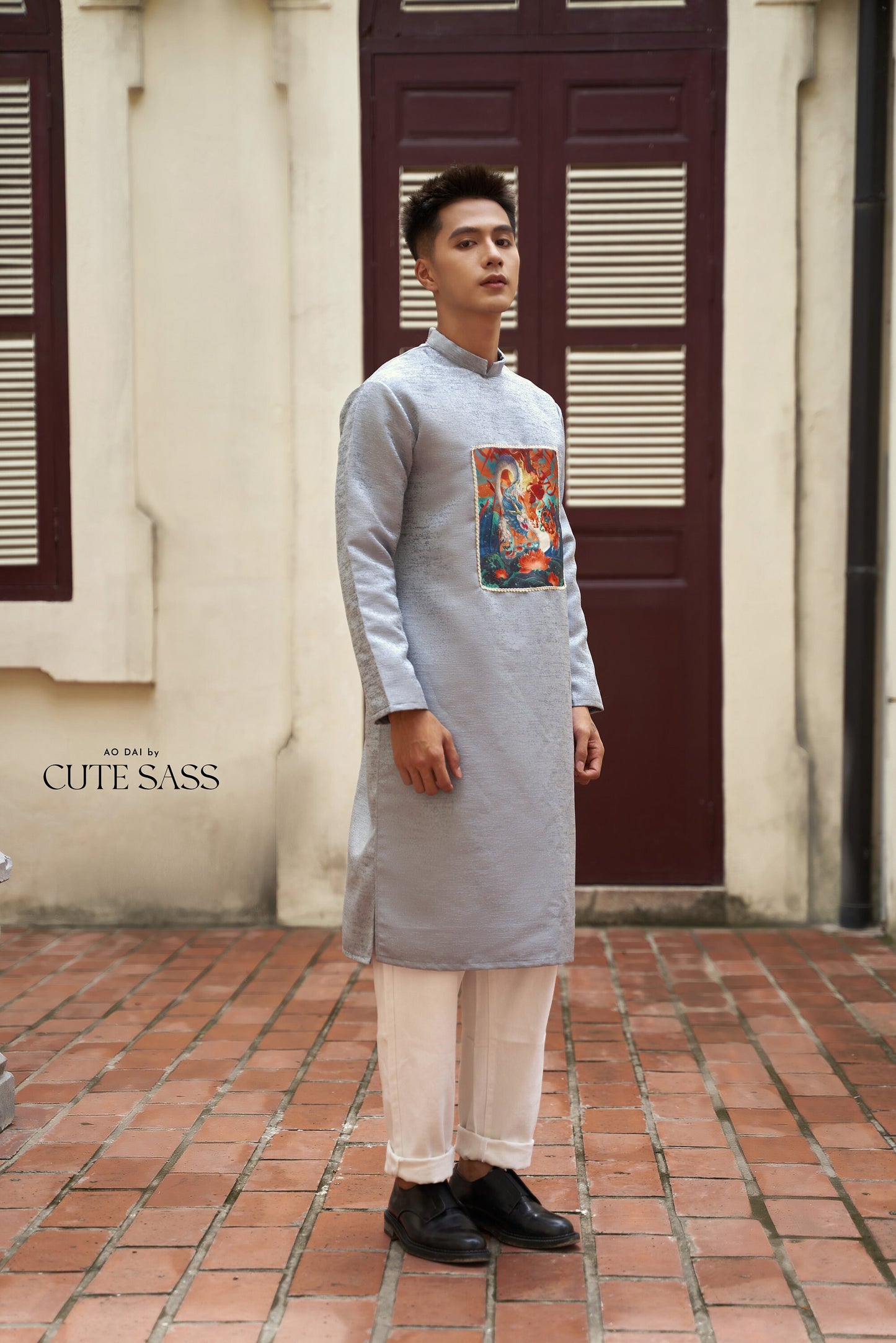 Men Gray Printed Ao Dai Set| Pre-made Traditional Vietnamese Ao Dai|Lunar New Year | Ao Dai for Dad | Ao Dai Truyen Thong| Ao Dai Tet |