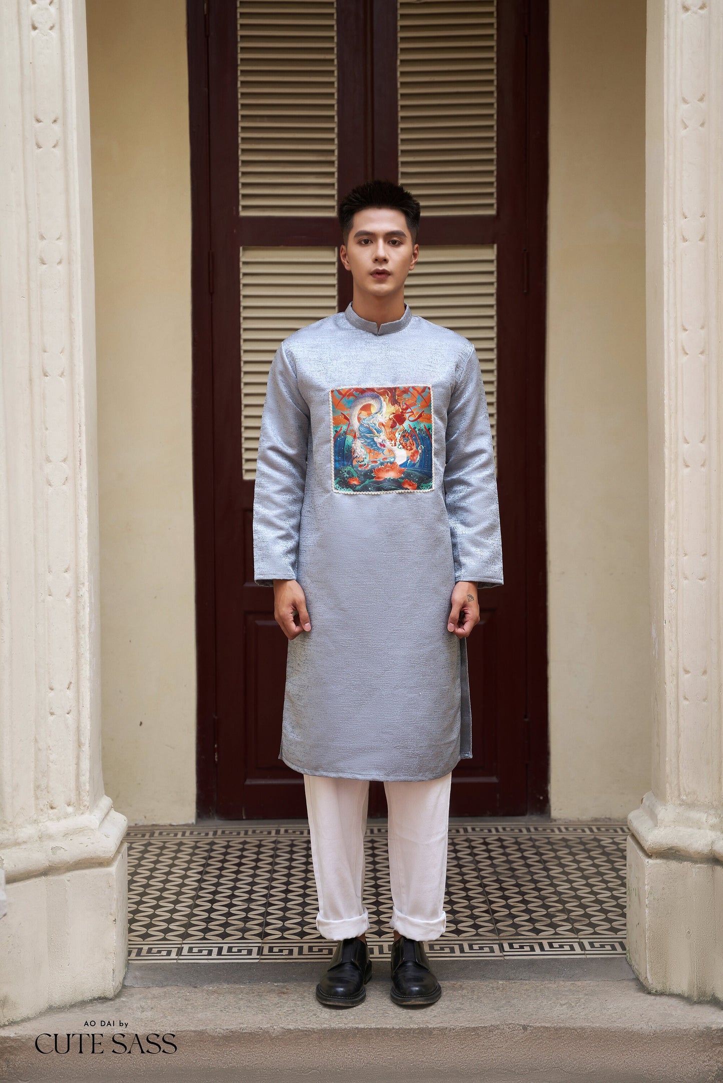 Men Gray Printed Ao Dai Set| Pre-made Traditional Vietnamese Ao Dai|Lunar New Year | Ao Dai for Dad | Ao Dai Truyen Thong| Ao Dai Tet |