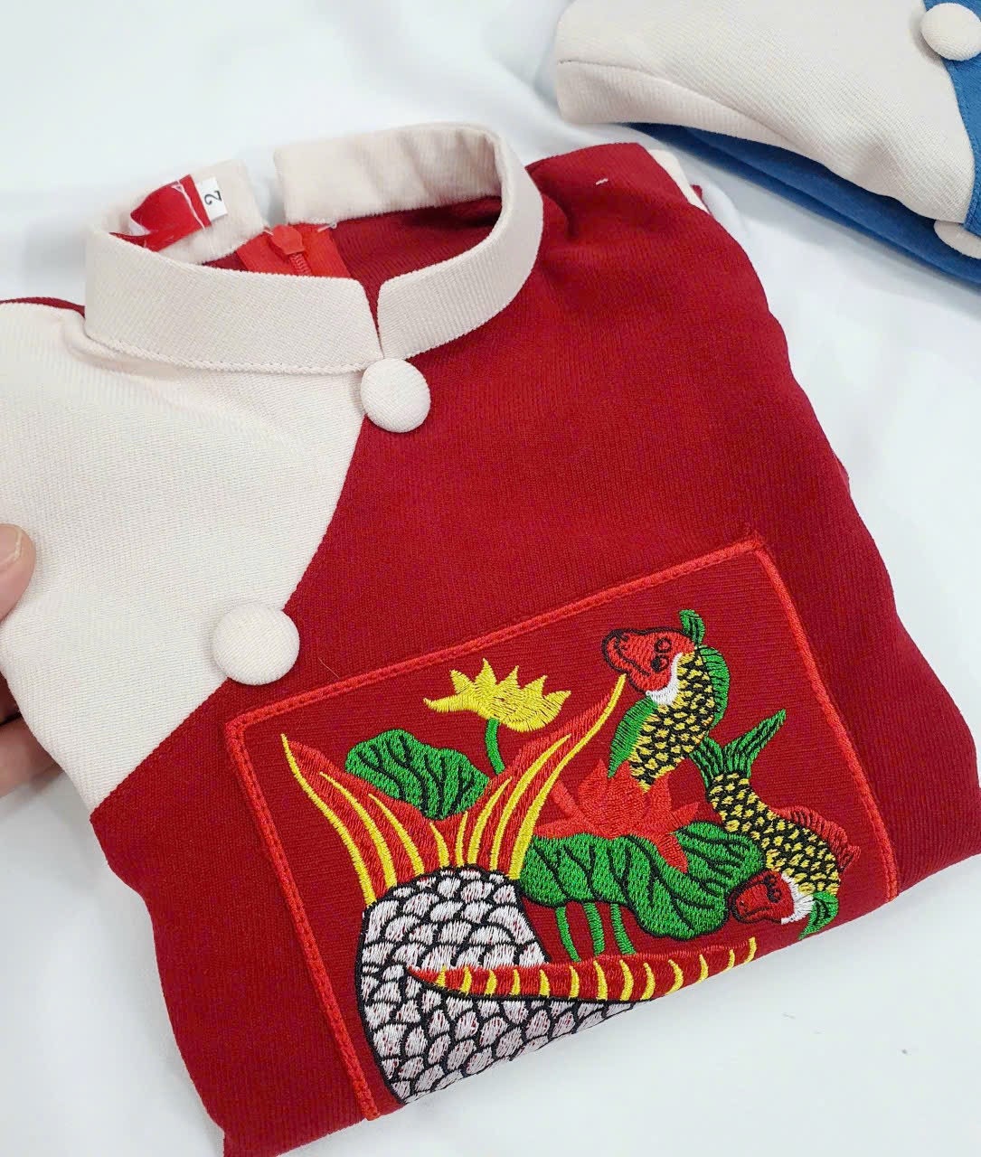 Boy Red/Blue Embroidery Koi Ao Dai Top | Pre-made Traditional Vietnamese Ao Dai | Lunar New Year | Ao Dai for Boy |