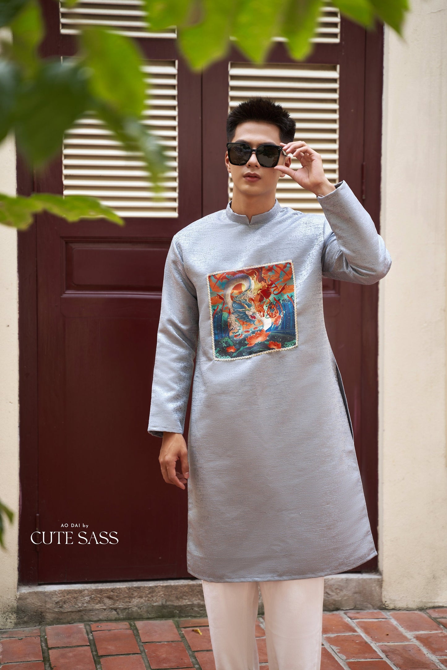 Men Gray Printed Ao Dai Set| Pre-made Traditional Vietnamese Ao Dai|Lunar New Year | Ao Dai for Dad | Ao Dai Truyen Thong| Ao Dai Tet |