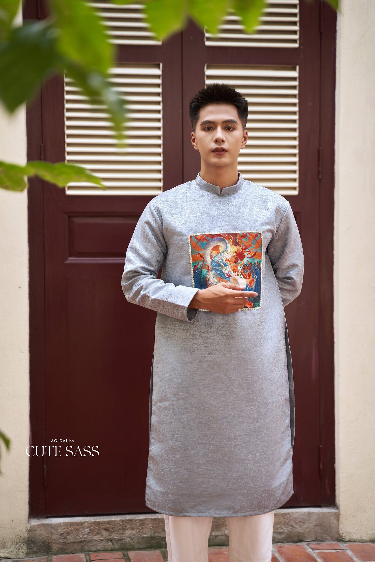Men Gray Printed Ao Dai Set| Pre-made Traditional Vietnamese Ao Dai|Lunar New Year | Ao Dai for Dad | Ao Dai Truyen Thong| Ao Dai Tet |
