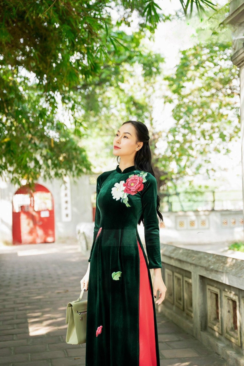 Green Embroidery Velvet Ao Dai Top Only, NO PANTS
