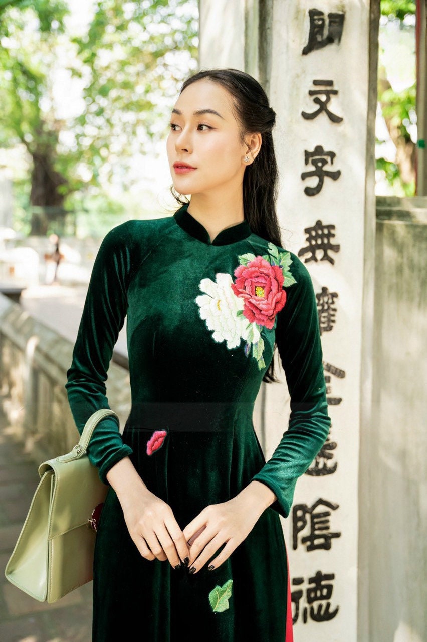 Green Embroidery Velvet Ao Dai Top Only, NO PANTS
