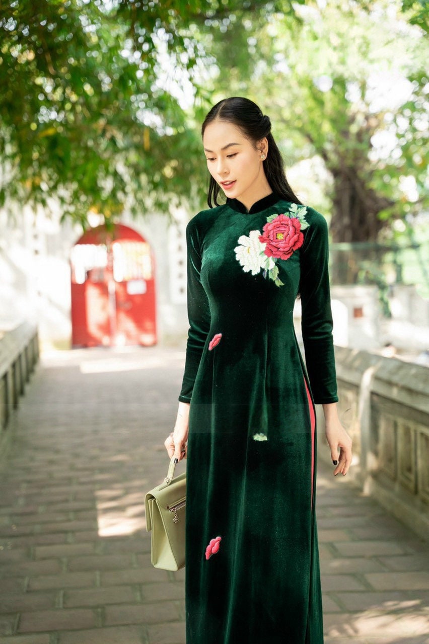Green Embroidery Velvet Ao Dai Top Only, NO PANTS