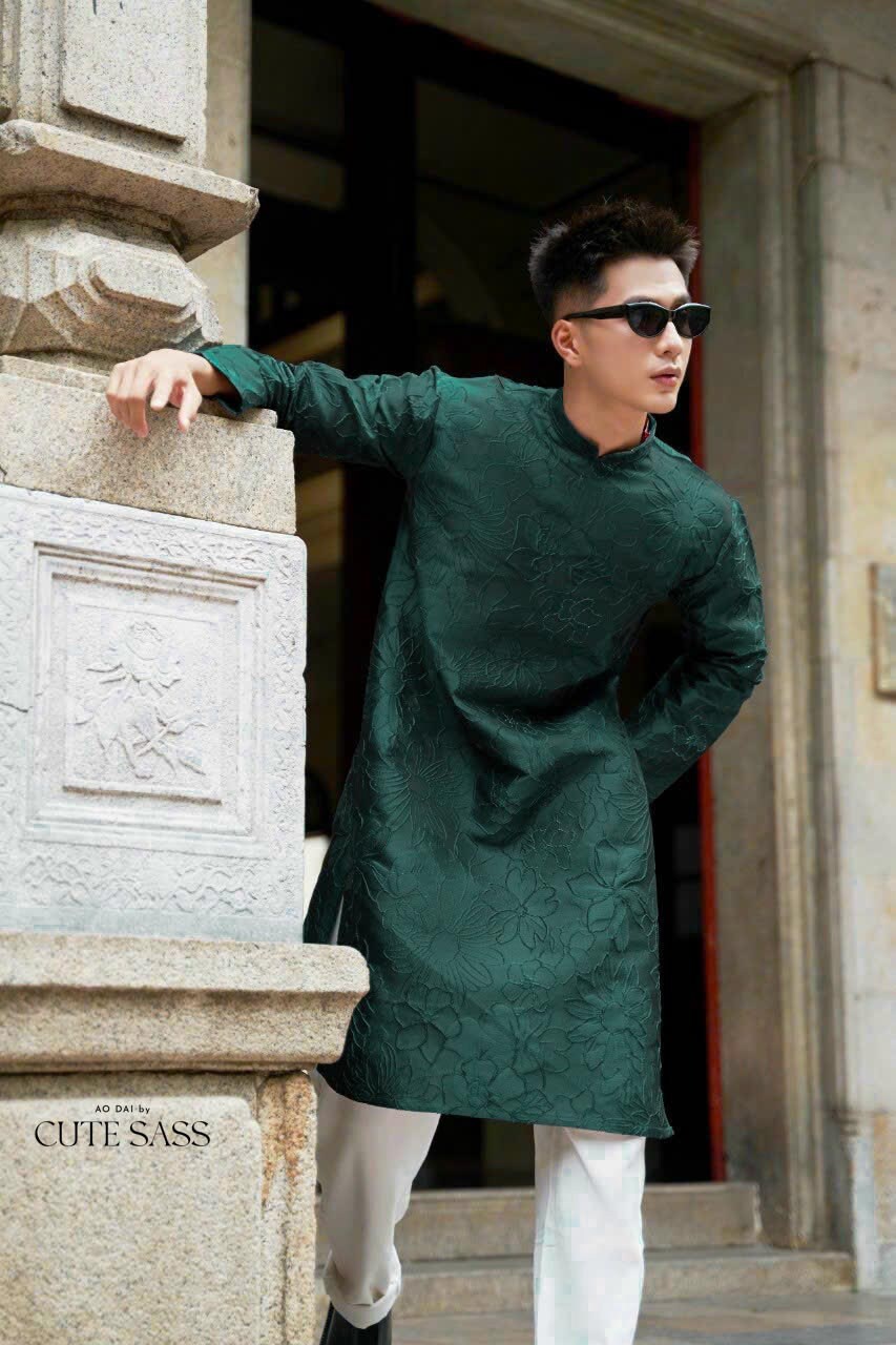 Men Dark Green 3D Gam Ao Dai Set| Pre-made Traditional Vietnamese Ao Dai| Lunar New Year | Ao Dai for Dad, Boy | Ao Dai Tet|