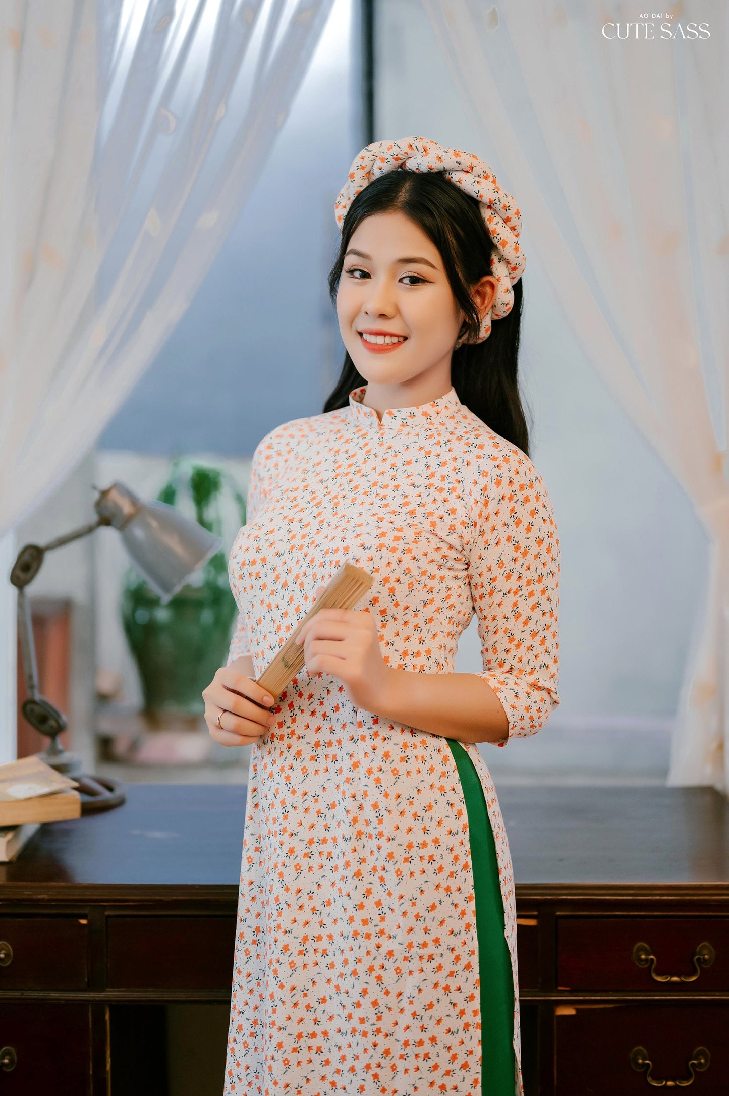 White/Orange Hoa Ao Dai Set with Twisted Headband