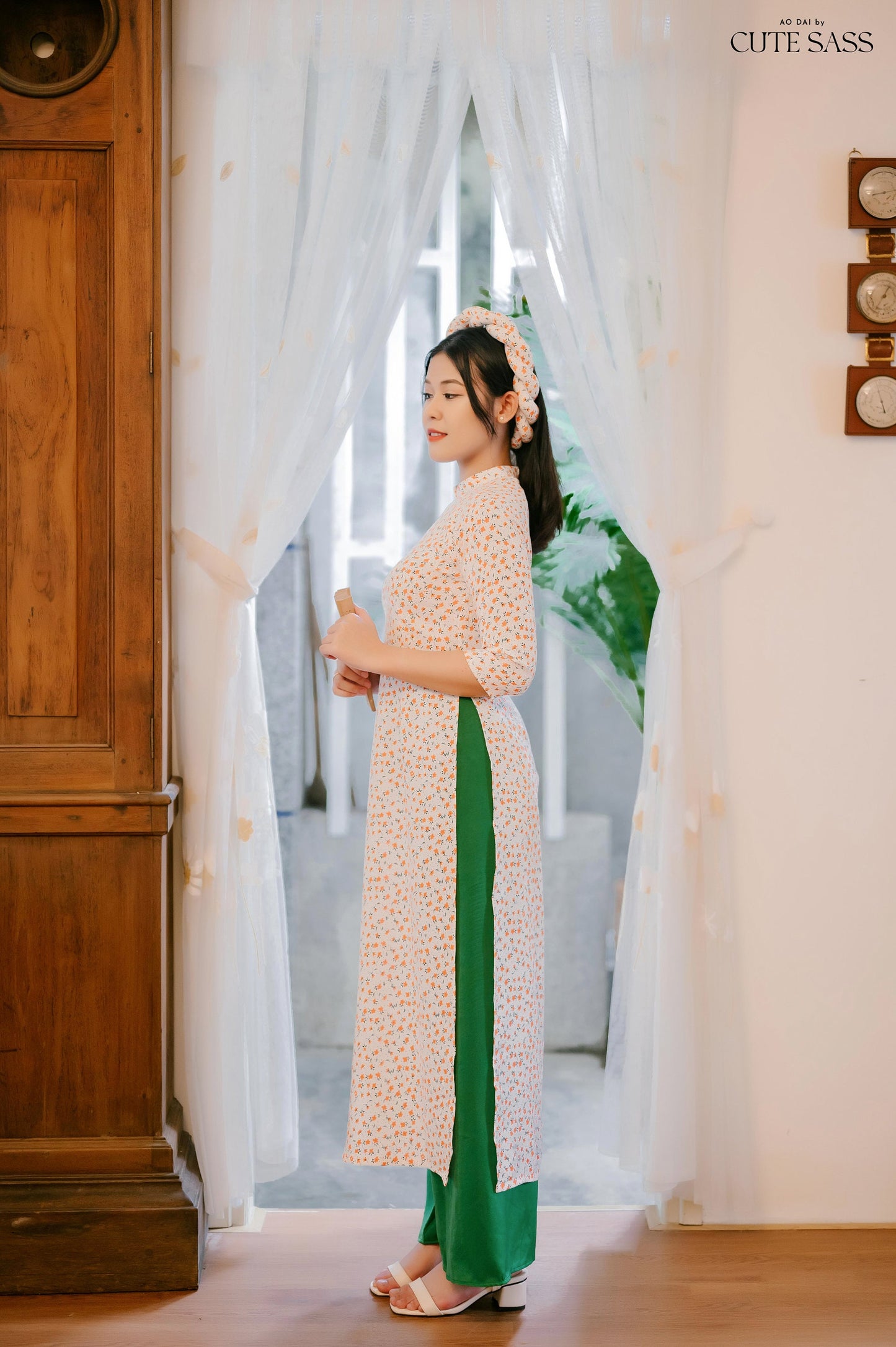 White/Orange Hoa Ao Dai Set with Twisted Headband