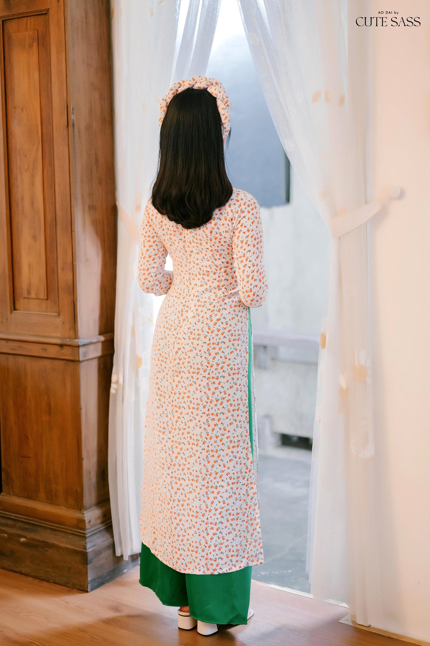 White/Orange Hoa Ao Dai Set with Twisted Headband
