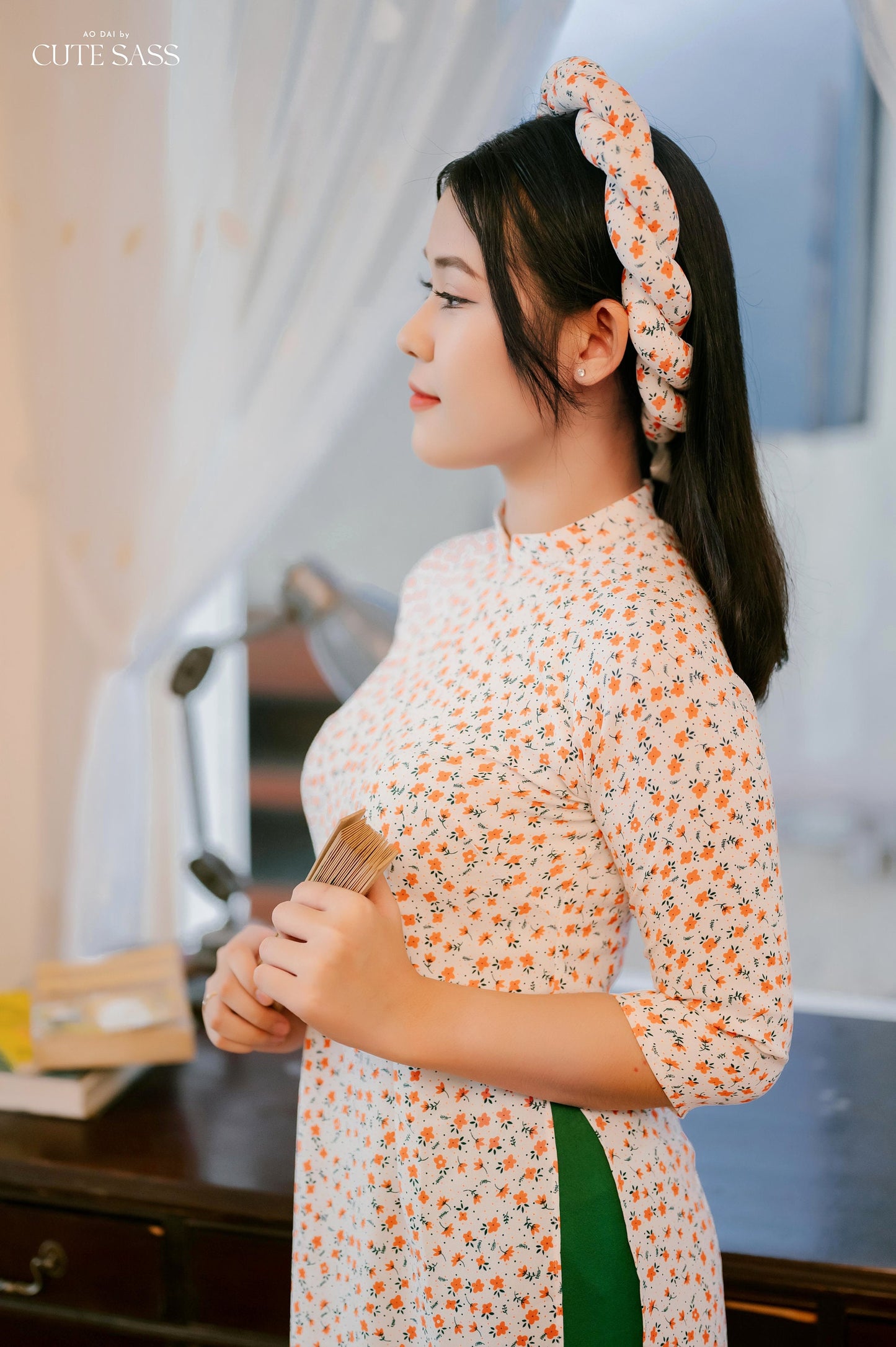 White/Orange Hoa Ao Dai Set with Twisted Headband
