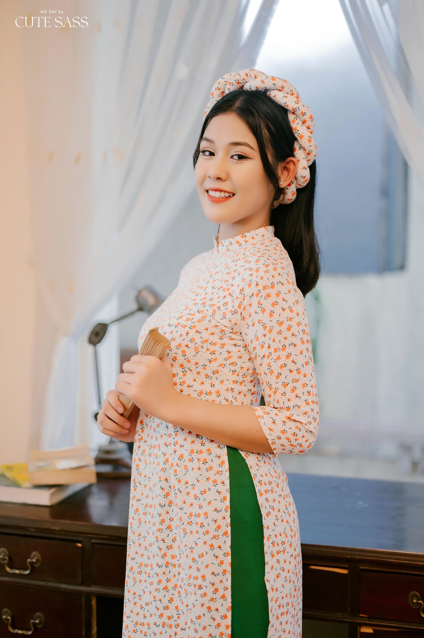 White/Orange Hoa Ao Dai Set with Twisted Headband