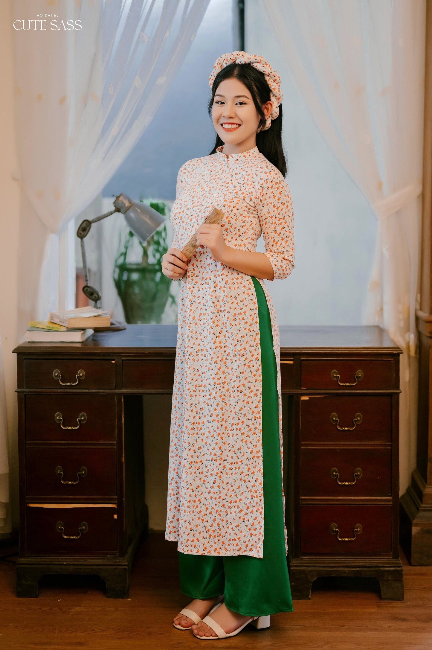 White/Orange Hoa Ao Dai Set with Twisted Headband