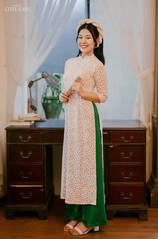 White/Orange Hoa Ao Dai Set with Twisted Headband