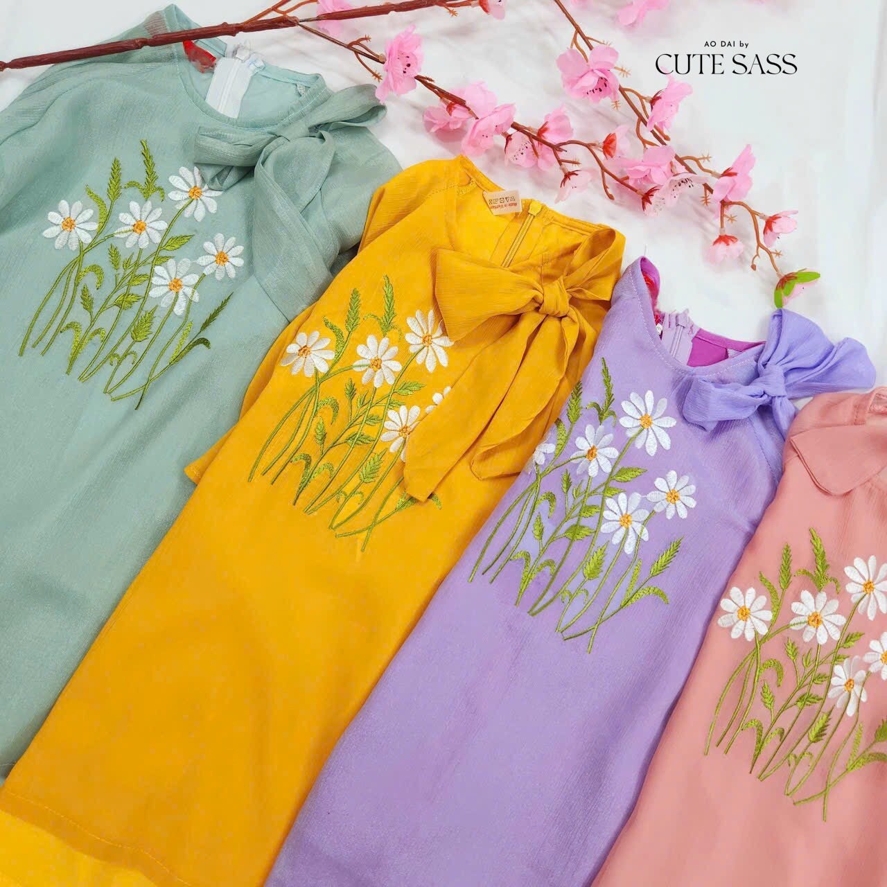 Girl Chiffon Bow Daisy Ao Dai Set (4 Colors) |Pre-made Traditional Vietnamese Ao Dai|Lunar New Year| Kid Ao Dai| Ao Dai for Girl |