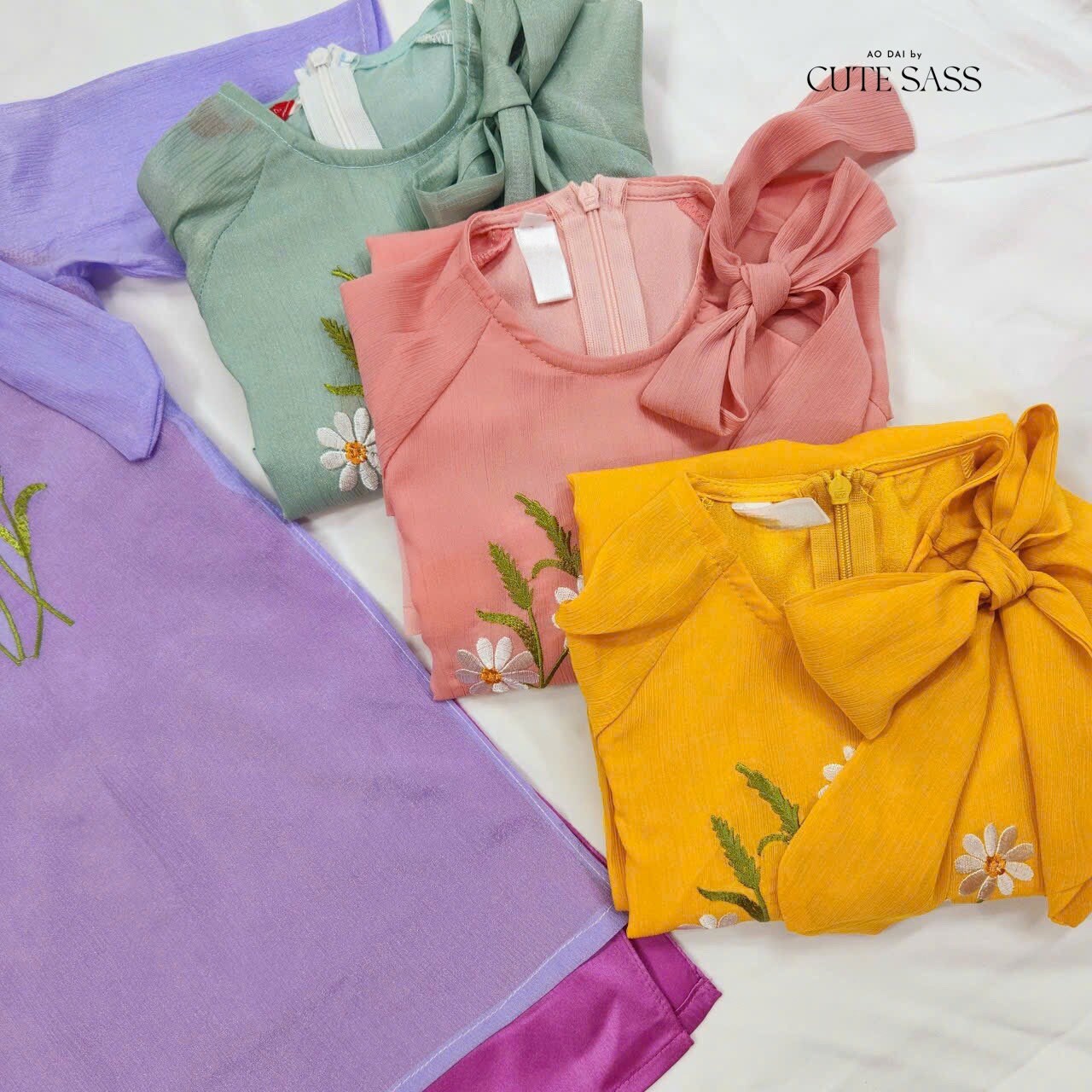 Girl Chiffon Bow Daisy Ao Dai Set (4 Colors) |Pre-made Traditional Vietnamese Ao Dai|Lunar New Year| Kid Ao Dai| Ao Dai for Girl |