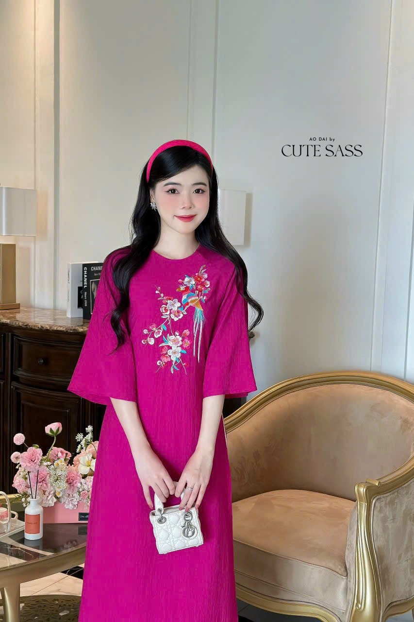 Shifted Chiffon Embroidery Ao Dai Top Set (4 Colors)| Pre-made Modernized Vietnamese Ao Dai | Women Ao Dai with Pants | Lunar New Year|