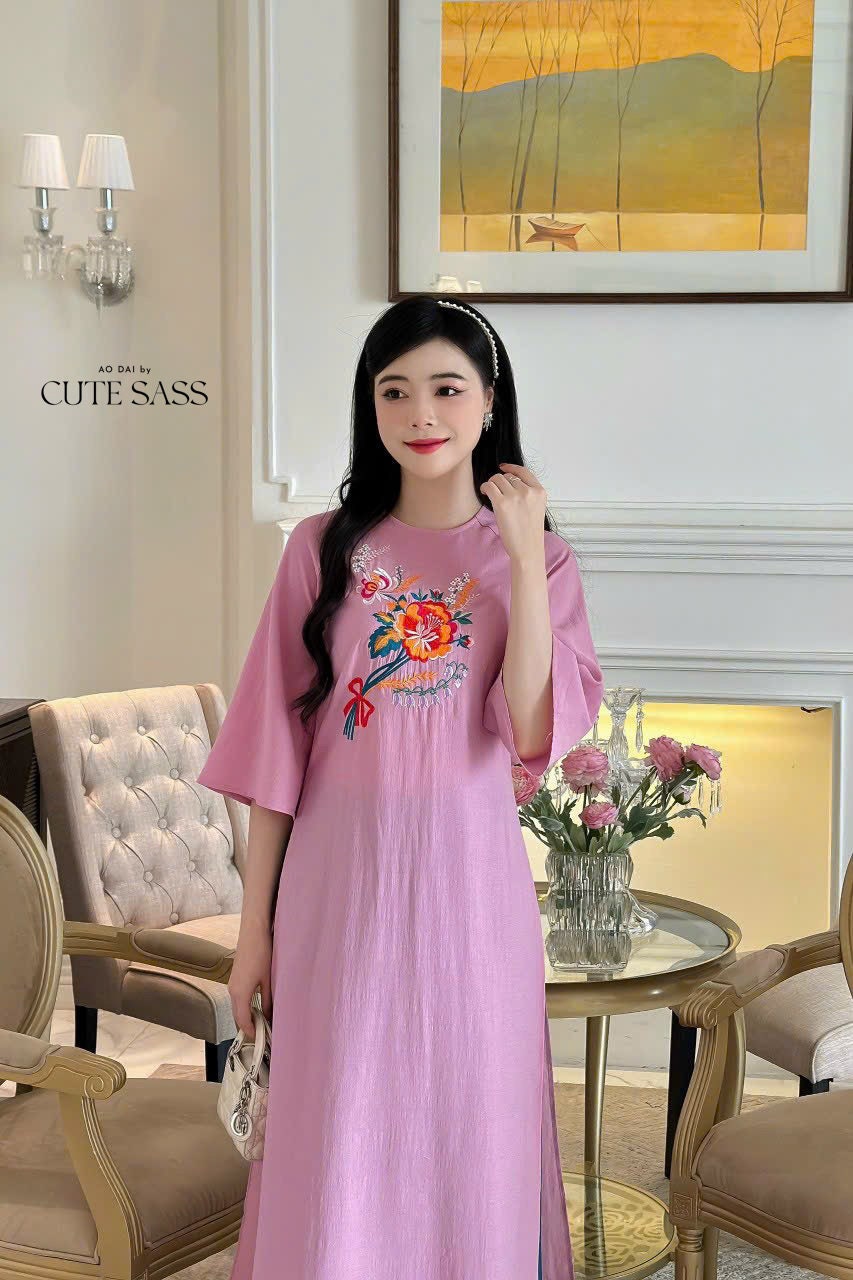 Shifted Chiffon Embroidery Ao Dai Top Set (4 Colors)| Pre-made Modernized Vietnamese Ao Dai | Women Ao Dai with Pants | Lunar New Year|