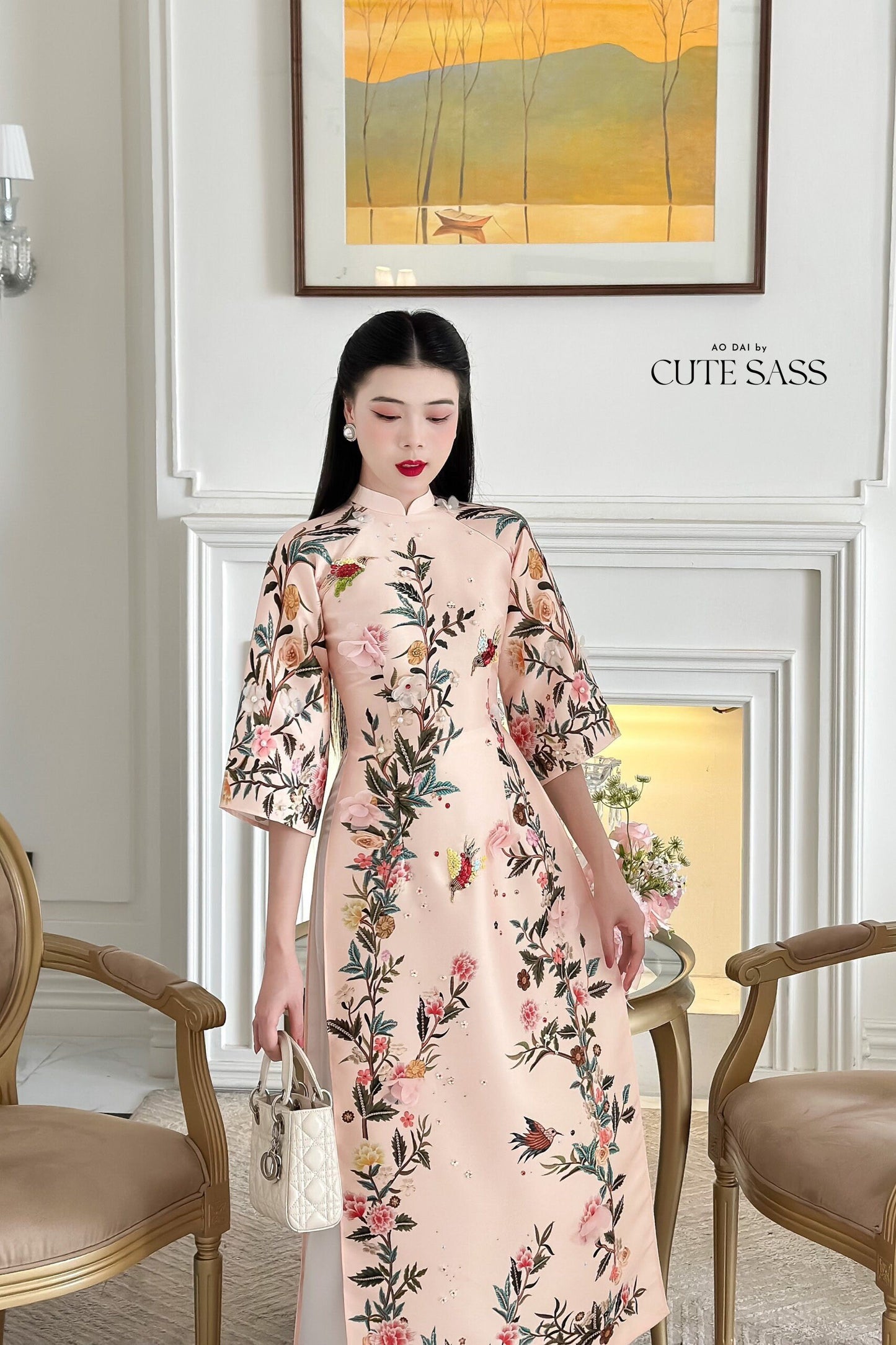 Beige Sparkle Garden Ao Dai Set | Pre-made Traditional Vietnamese Ao Dai|Ao Dai with Pants|Lunar New Year|Ao Dai Cach Tan|M8