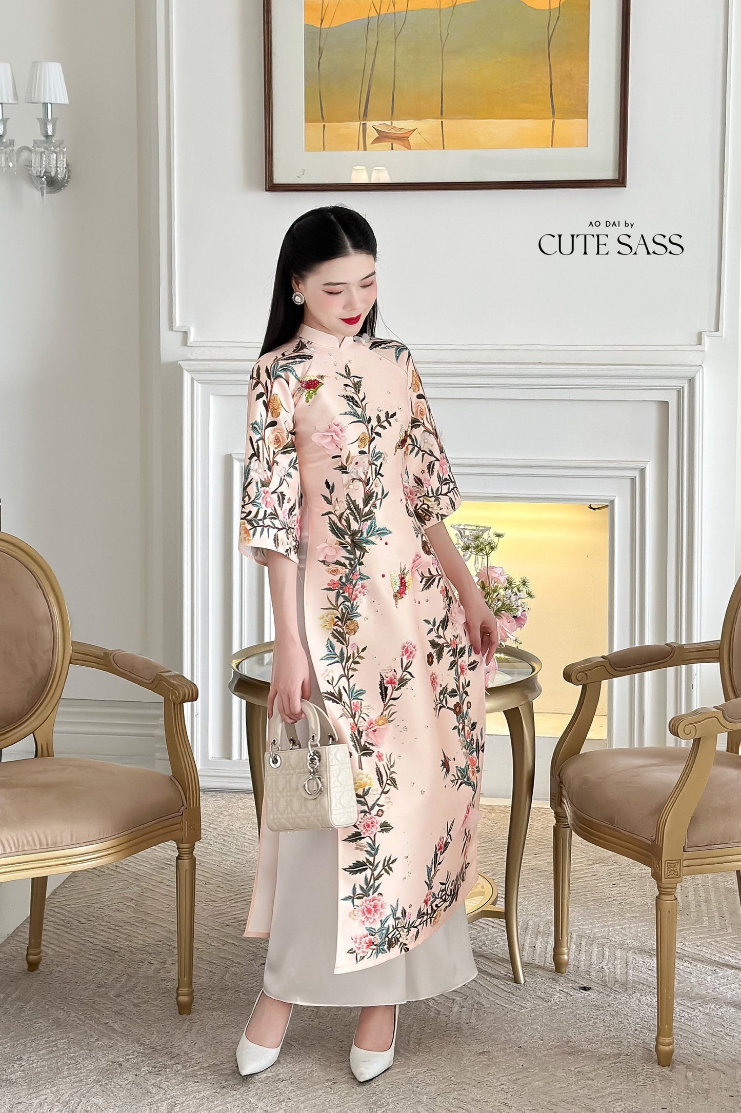 Beige Sparkle Garden Ao Dai Set | Pre-made Traditional Vietnamese Ao Dai|Ao Dai with Pants|Lunar New Year|Ao Dai Cach Tan|M8