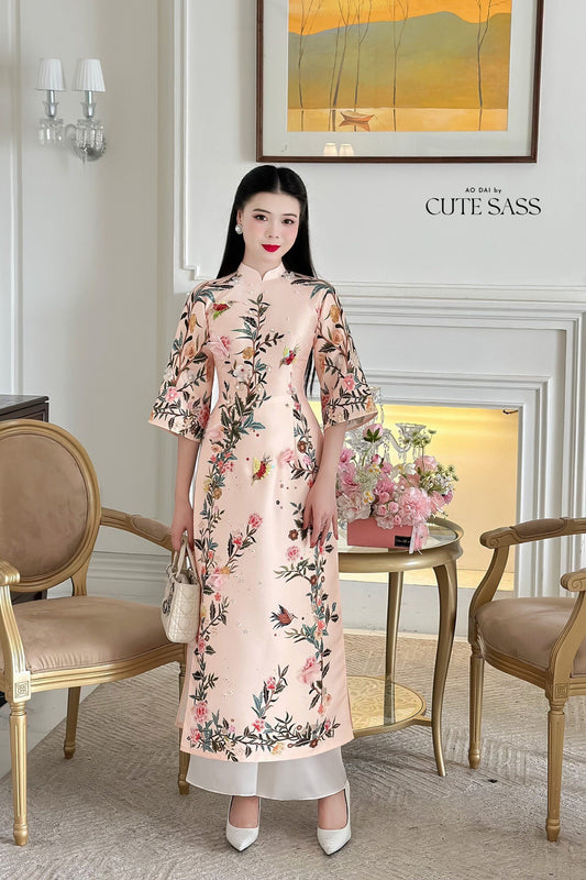 Beige Sparkle Garden Ao Dai Set | Pre-made Traditional Vietnamese Ao Dai|Ao Dai with Pants|Lunar New Year|Ao Dai Cach Tan|M8