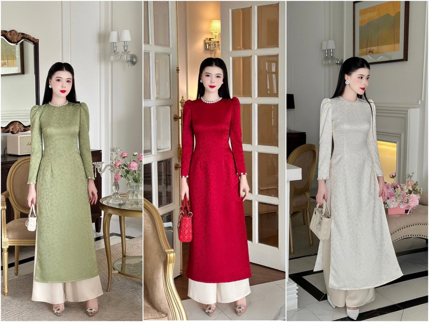 Pearl Silk Ao Dai Set (3 Colors) |Pre-made Modernized Vietnamese Ao Dai | Lunar New Year| Ao Dai Cach Tan With Pants| Ao Dai Truyen Thong|C4