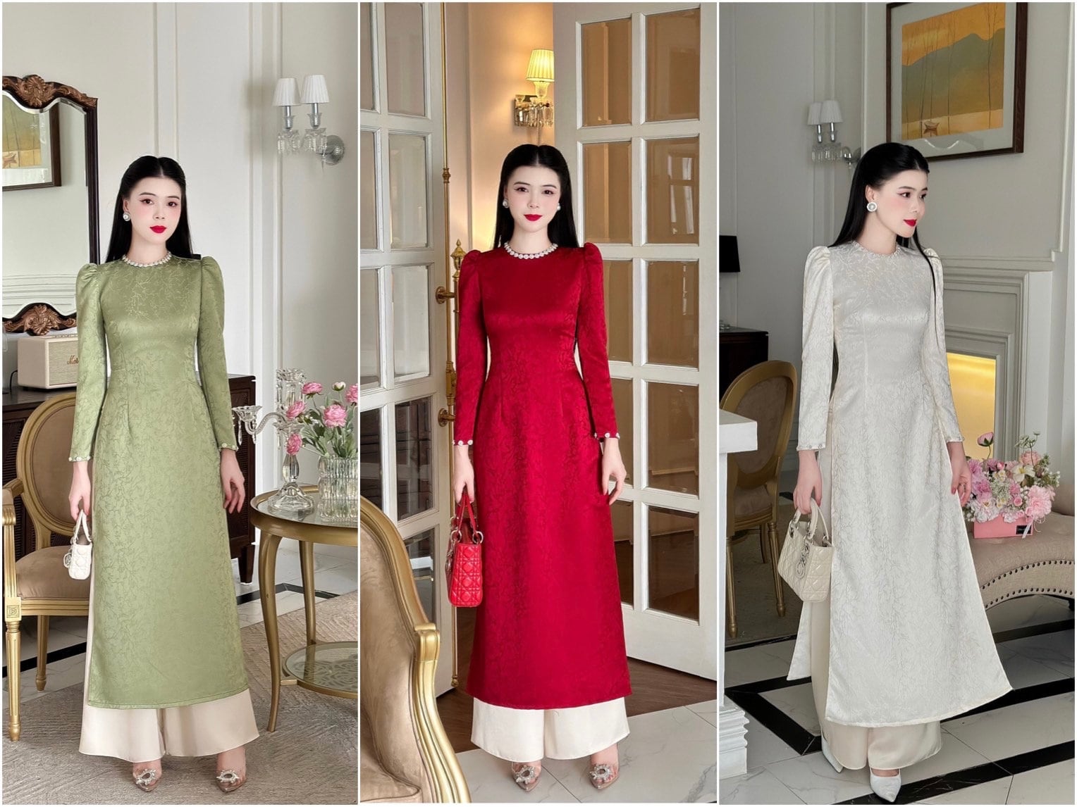 Pearl Silk Ao Dai Set (3 Colors) |Pre-made Modernized Vietnamese Ao Dai | Lunar New Year| Ao Dai Cach Tan With Pants| Ao Dai Truyen Thong|C4