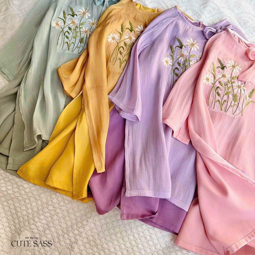 Girl Chiffon Bow Daisy Ao Dai Set (4 Colors) |Pre-made Traditional Vietnamese Ao Dai|Lunar New Year| Kid Ao Dai| Ao Dai for Girl |
