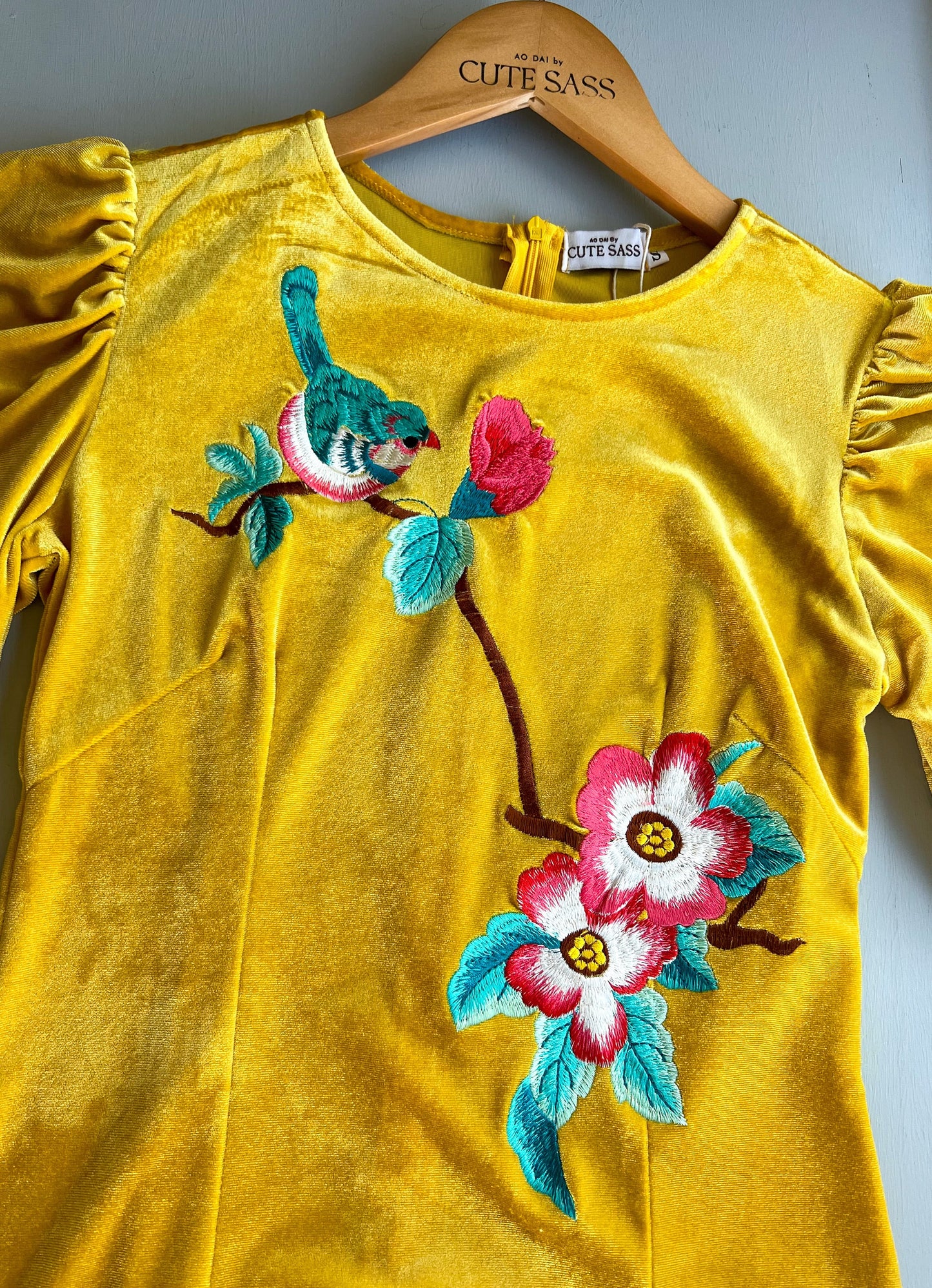 Yellow Puffy Sleeves Embroidery Velvet Ao Dai Top Only, NO PANTS