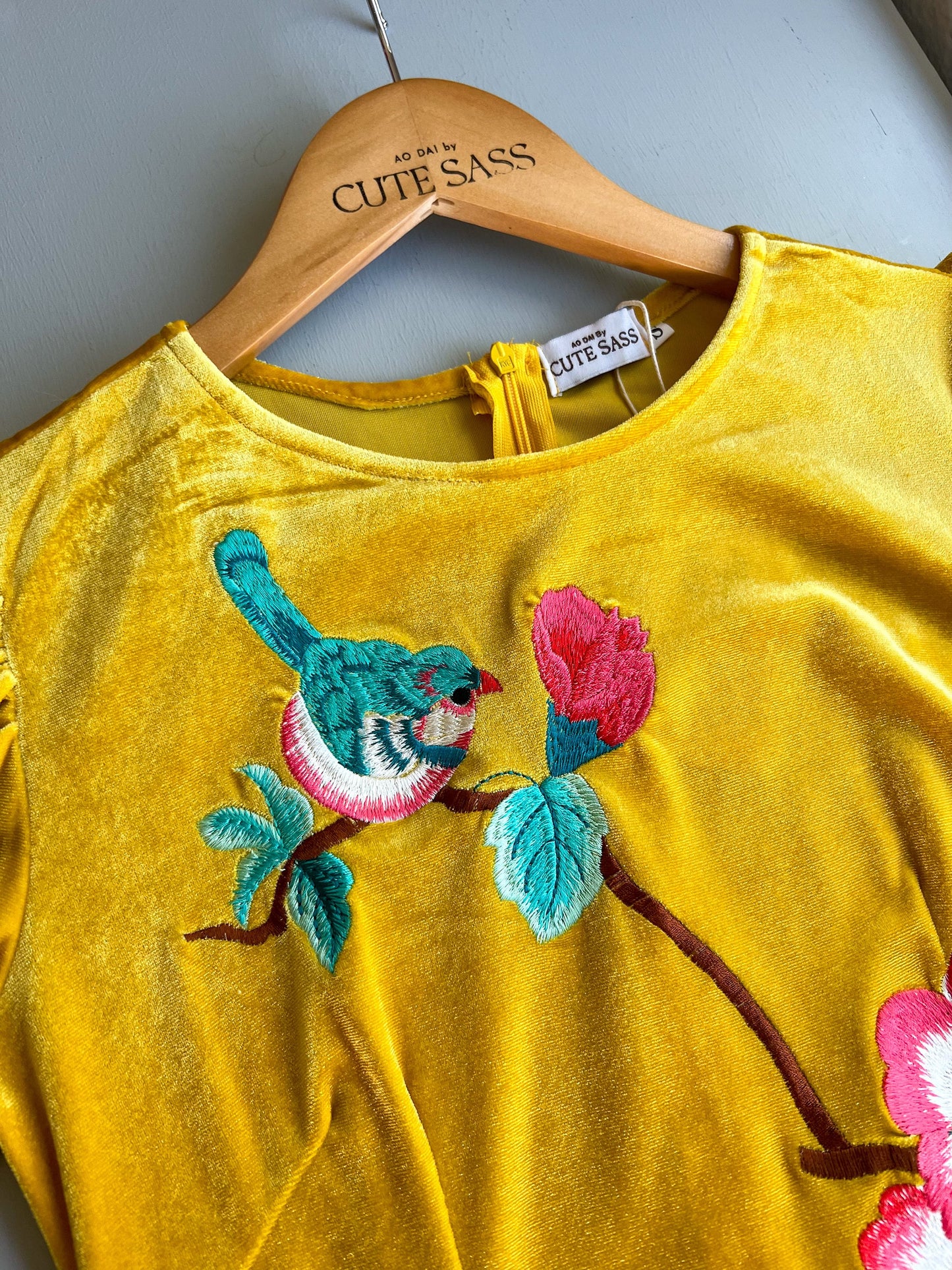 Yellow Puffy Sleeves Embroidery Velvet Ao Dai Top Only, NO PANTS