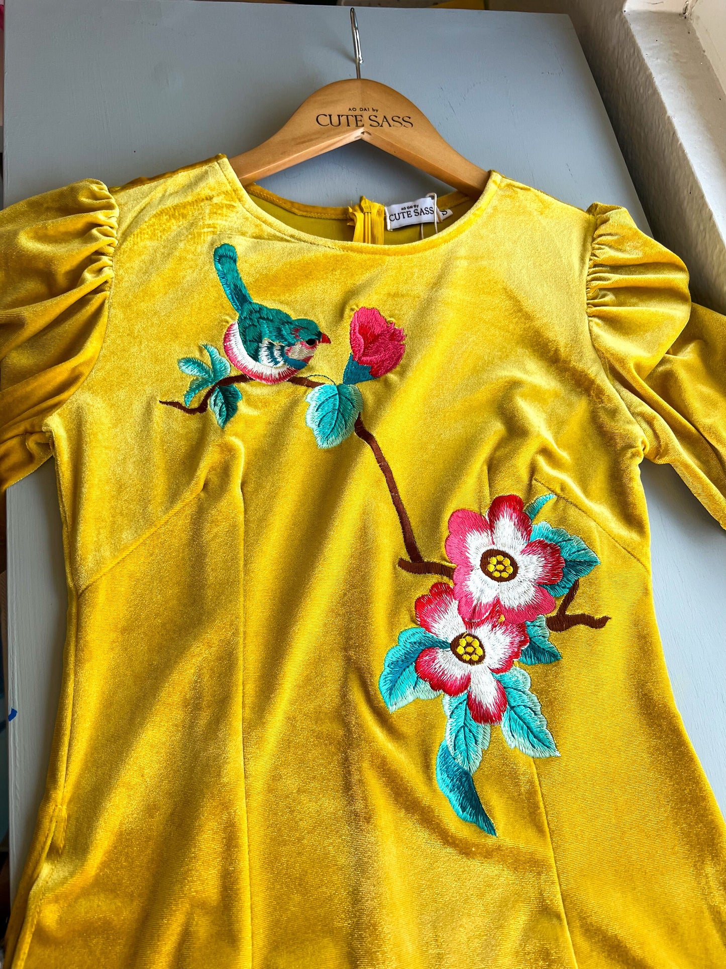Yellow Puffy Sleeves Embroidery Velvet Ao Dai Top Only, NO PANTS