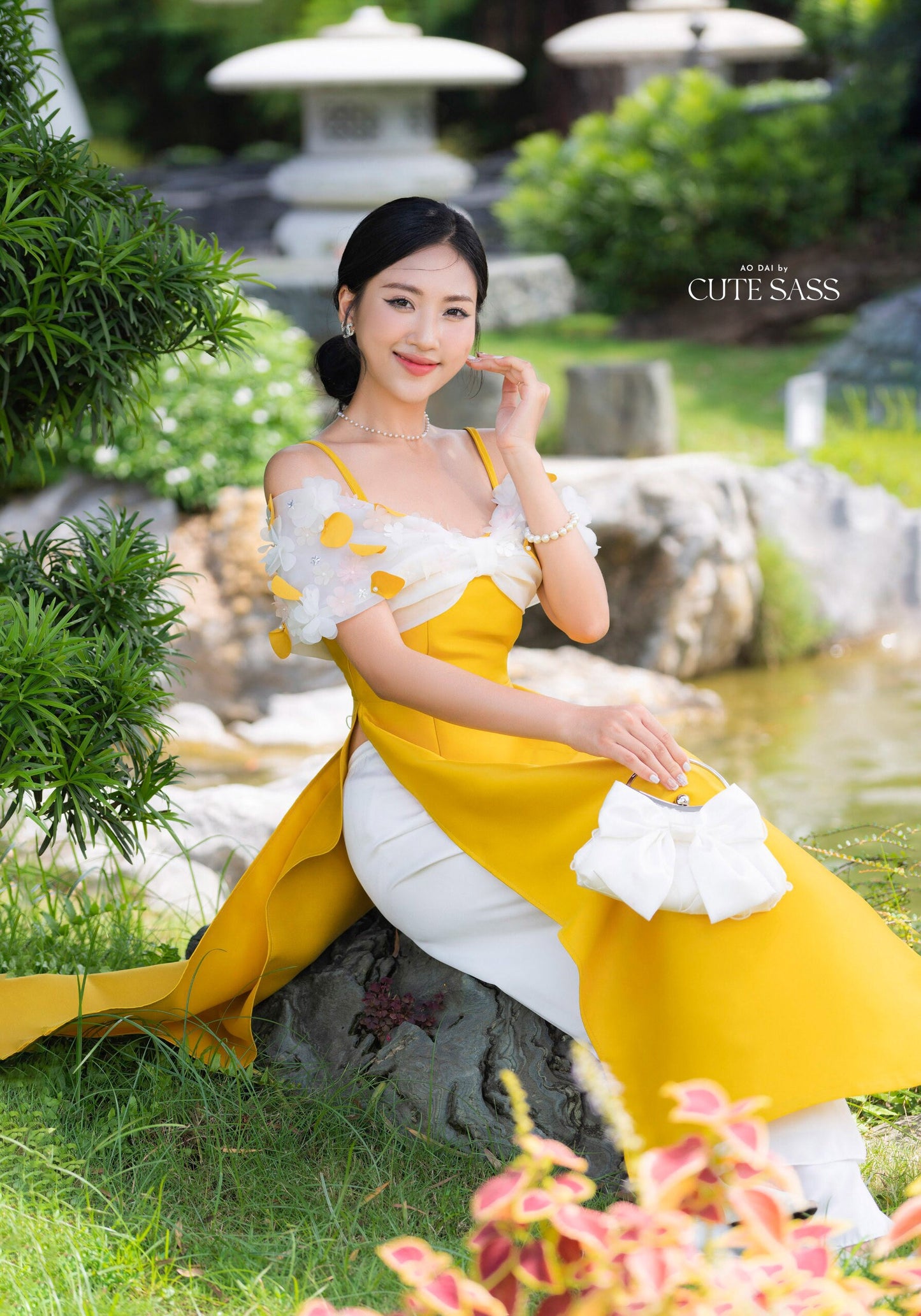 Yellow Off Shoulder Sparkle Ao Dai Set | Pre-made Modernized Vietnamese Ao Dai |Women Ao Dai with Pants | Lunar New Year| Ao Dai Cach Tan|B4