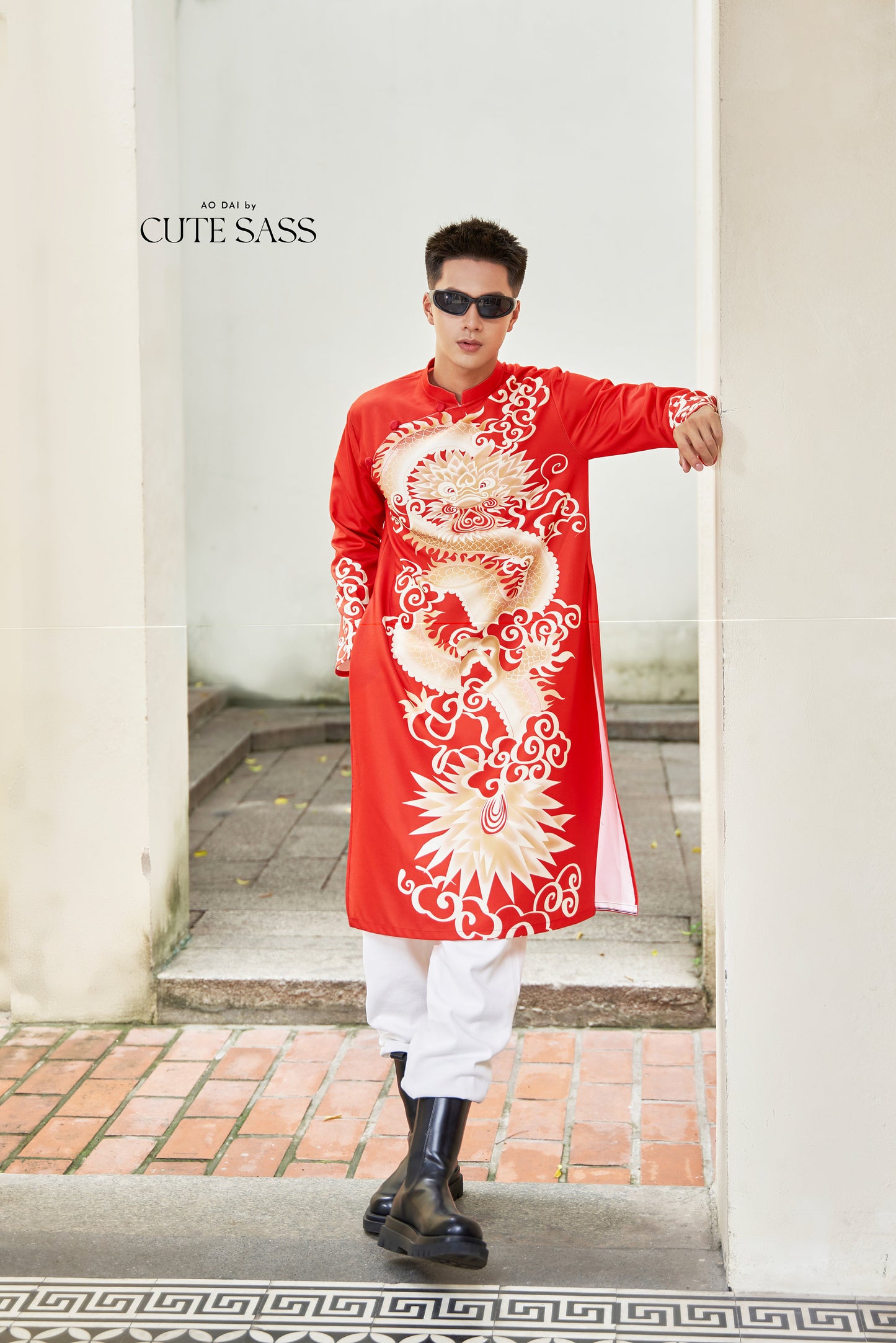 Men Red/Blue Printed Dragon Ao Dai Set