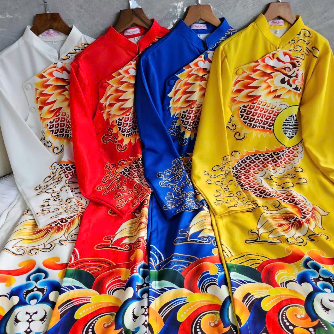Men Red/Blue Printed Dragon Ao Dai Set