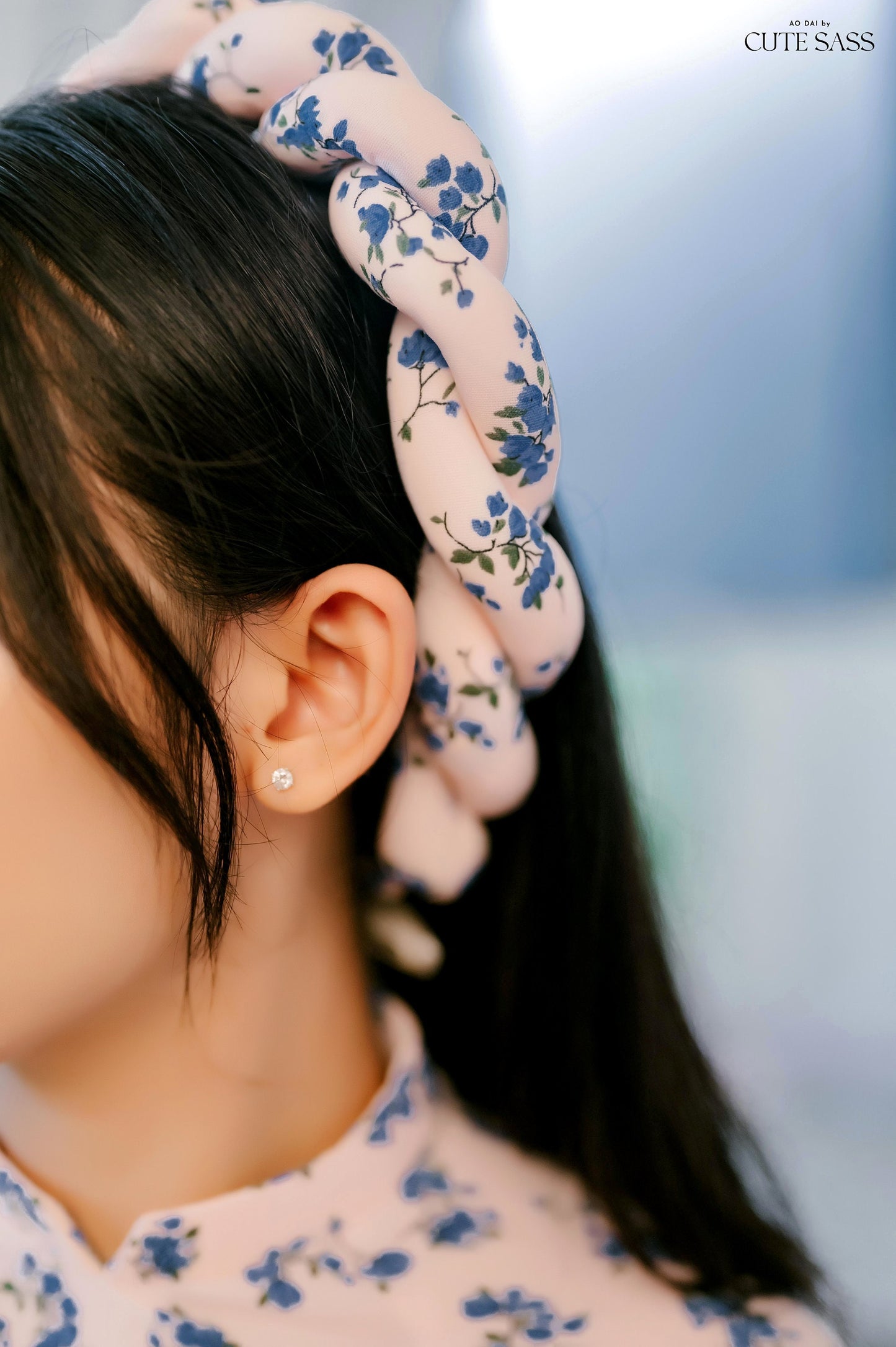 Blue Hoa Ao Dai Set with Twisted Headband
