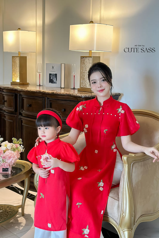 Mom and Daughter Red Mini Flowers Ao Dai Set| Pre-made Traditional Vietnamese Ao Dai | Lunar New Year | Ao Dai for Girl, Mom|