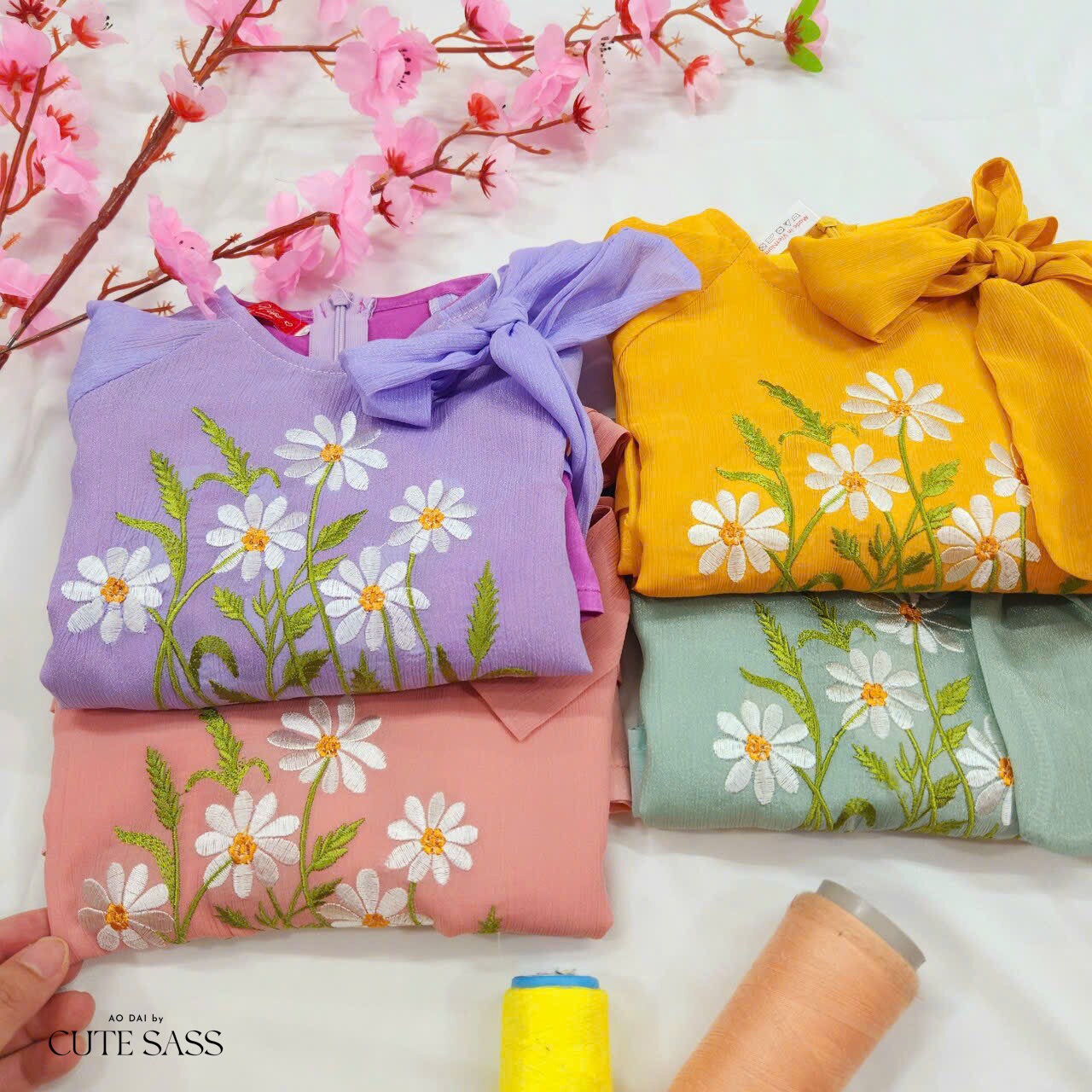 Girl Chiffon Bow Daisy Ao Dai Set (4 Colors) |Pre-made Traditional Vietnamese Ao Dai|Lunar New Year| Kid Ao Dai| Ao Dai for Girl |