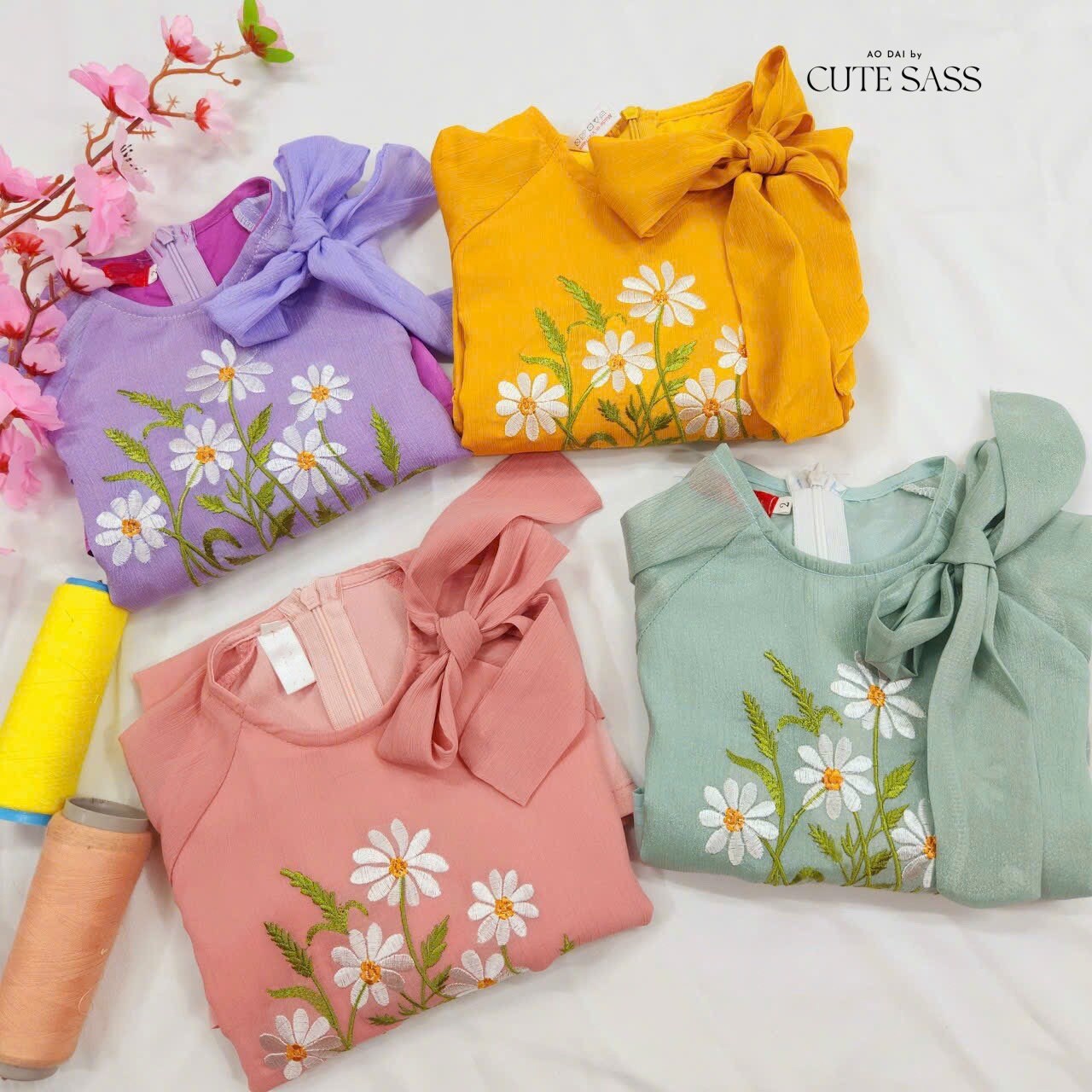 Girl Chiffon Bow Daisy Ao Dai Set (4 Colors) |Pre-made Traditional Vietnamese Ao Dai|Lunar New Year| Kid Ao Dai| Ao Dai for Girl |