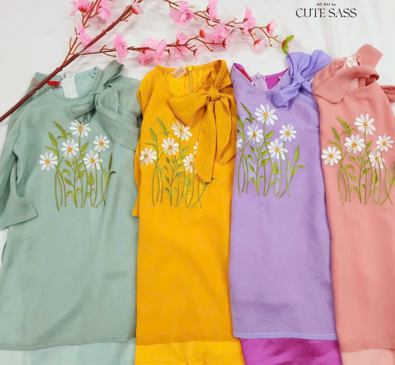 Girl Chiffon Bow Daisy Ao Dai Set (4 Colors) |Pre-made Traditional Vietnamese Ao Dai|Lunar New Year| Kid Ao Dai| Ao Dai for Girl |