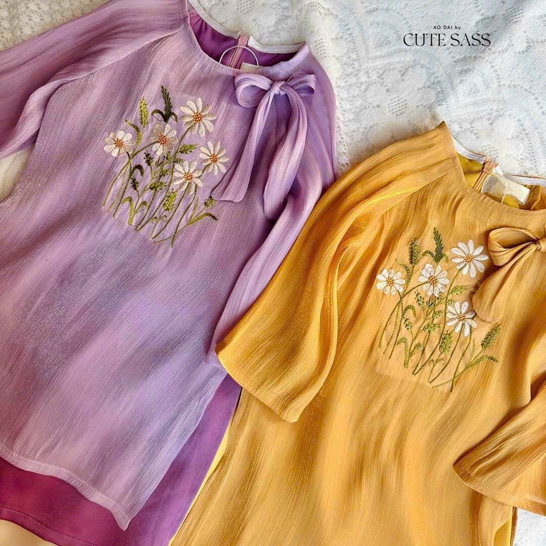 Girl Chiffon Bow Daisy Ao Dai Set (4 Colors) |Pre-made Traditional Vietnamese Ao Dai|Lunar New Year| Kid Ao Dai| Ao Dai for Girl |