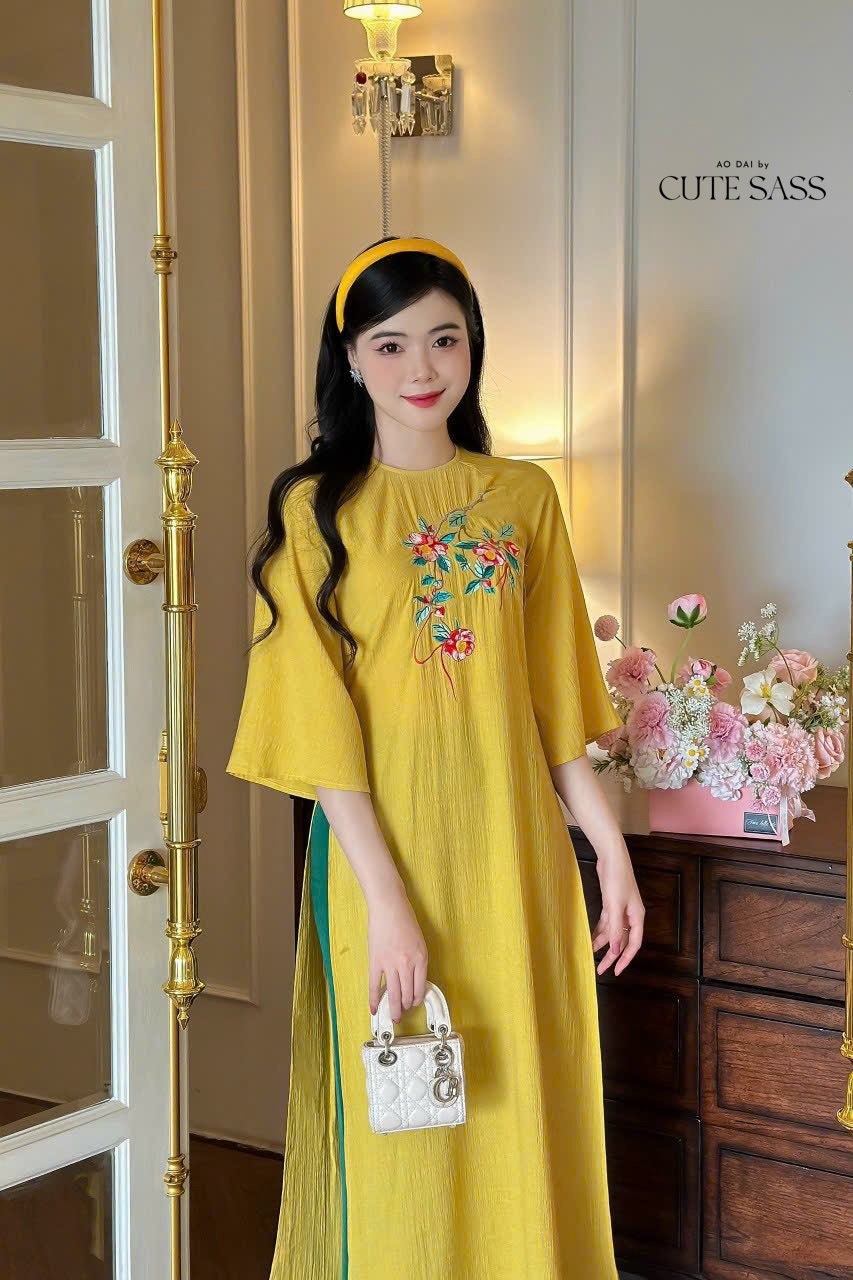Shifted Chiffon Embroidery Ao Dai Top Set (4 Colors)| Pre-made Modernized Vietnamese Ao Dai | Women Ao Dai with Pants | Lunar New Year|