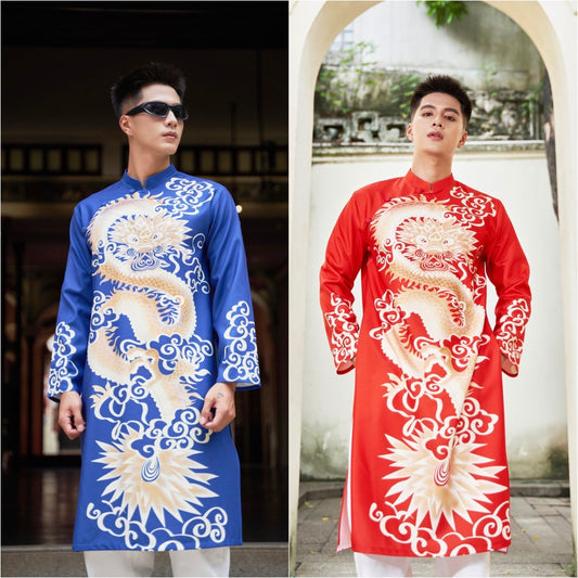 Men Red/Blue Printed Dragon Ao Dai Set