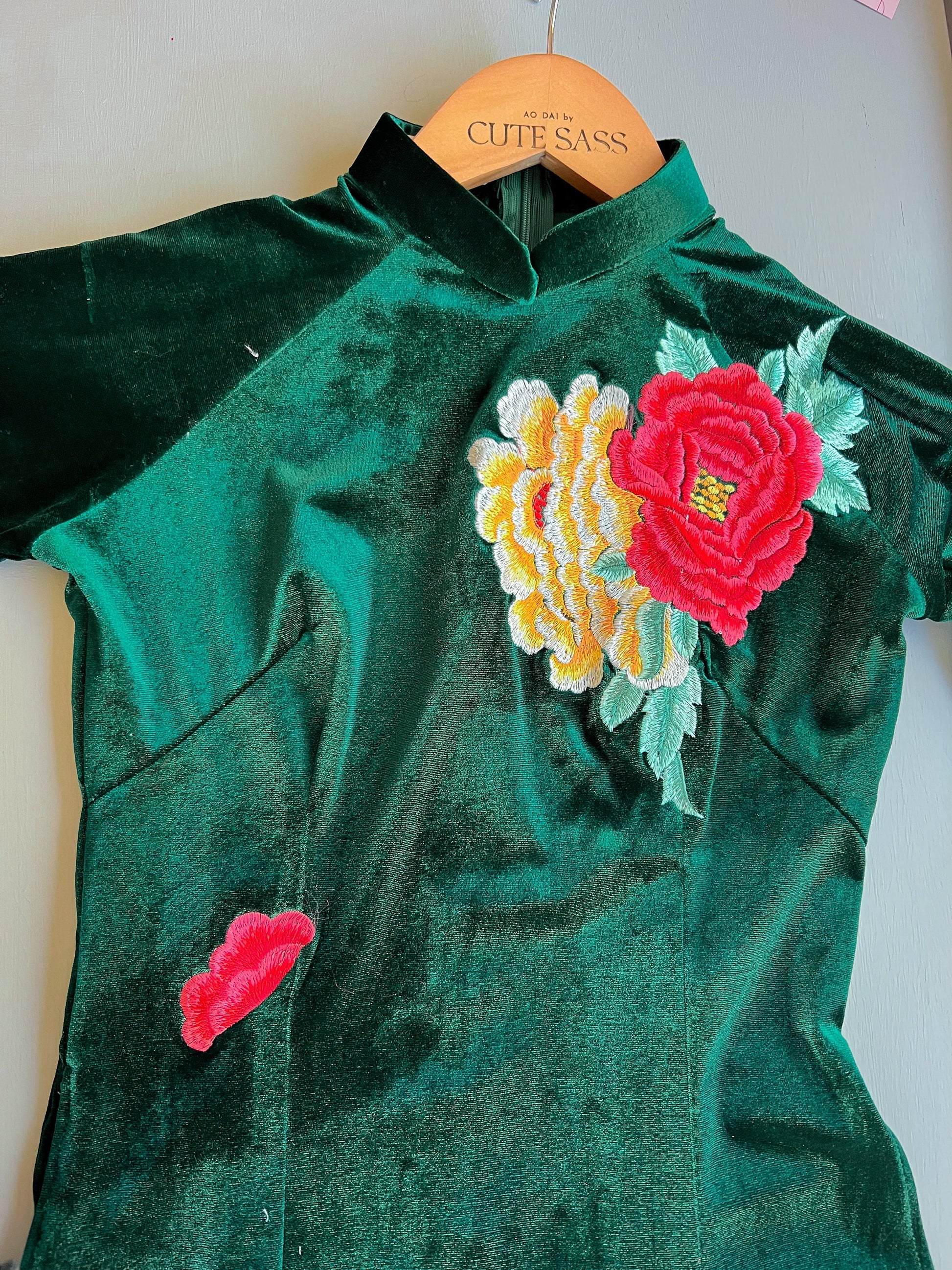 Green Embroidery Velvet Ao Dai Top Only, NO PANTS