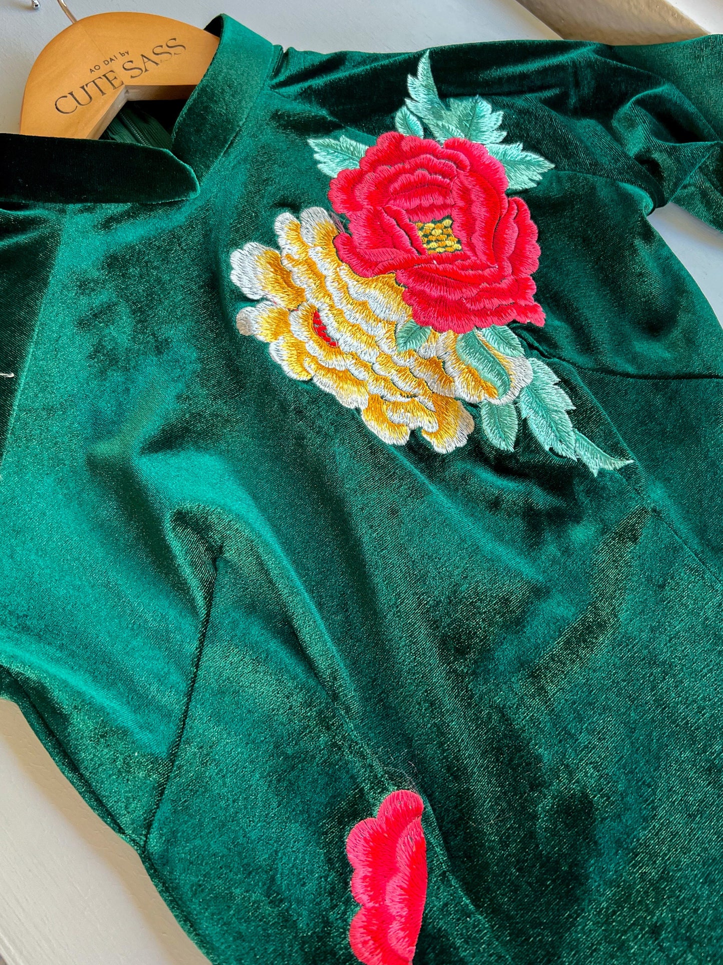 Green Embroidery Velvet Ao Dai Top Only, NO PANTS
